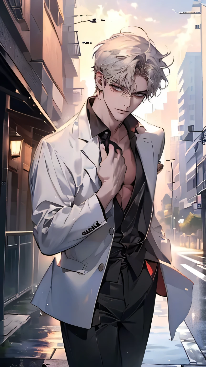 (4K works))、masterpieces、(top quality)、((in front of a building))、Korean male、adult male、((Adult 19-year-old))、((성인 Uncle 형))、((chewy black neck polarity, martial arts painting pants))、((similar to Garou's face))、cool man、tall with dildos、((soft face))、((Nice black werewolf fashion))、((long sleeve long pants style))、(( small face with  milk))、slim body、((Uncle ))、((white head))、(( short white hair))、((Red Eyes))、((Front shot))、((Filming alone))、((Solo photo))、Professional photography、((Reach out to potential customers))、((He walks in front of viewers))、((Dad's body ))、((wet hair))