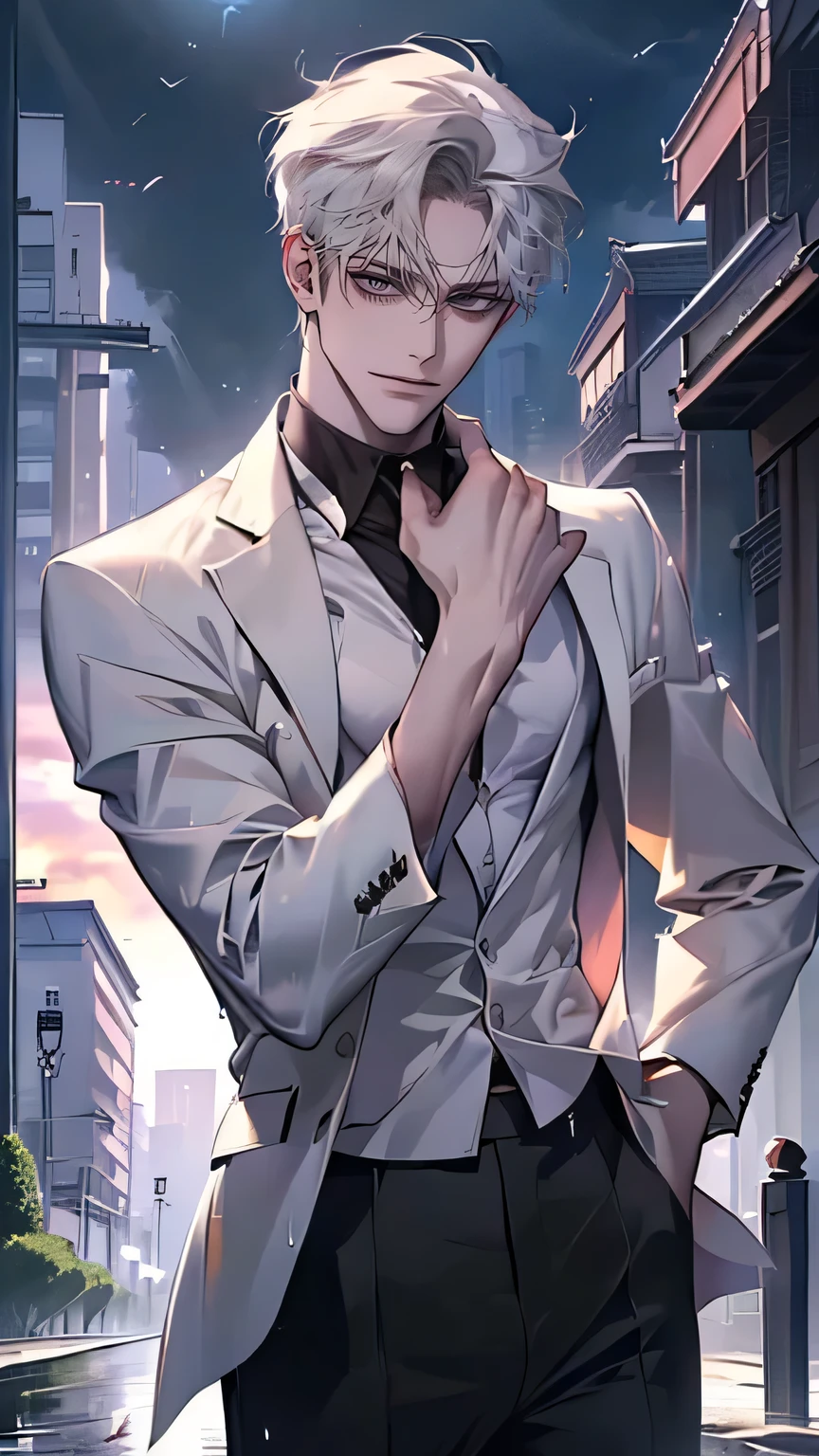 (4K works))、masterpieces、(top quality)、((in front of a building))、Korean male、adult male、((Adult 19-year-old))、((성인 Uncle 형))、((chewy black neck polarity, martial arts painting pants))、((similar to Garou's face))、cool man、tall with dildos、((soft face))、((Nice black werewolf fashion))、((long sleeve long pants style))、(( small face with  milk))、slim body、((Uncle ))、((white head))、(( short white hair))、((Red Eyes))、((Front shot))、((Filming alone))、((Solo photo))、Professional photography、((Reach out to potential customers))、((He walks in front of viewers))、((Dad's body ))、((wet hair))