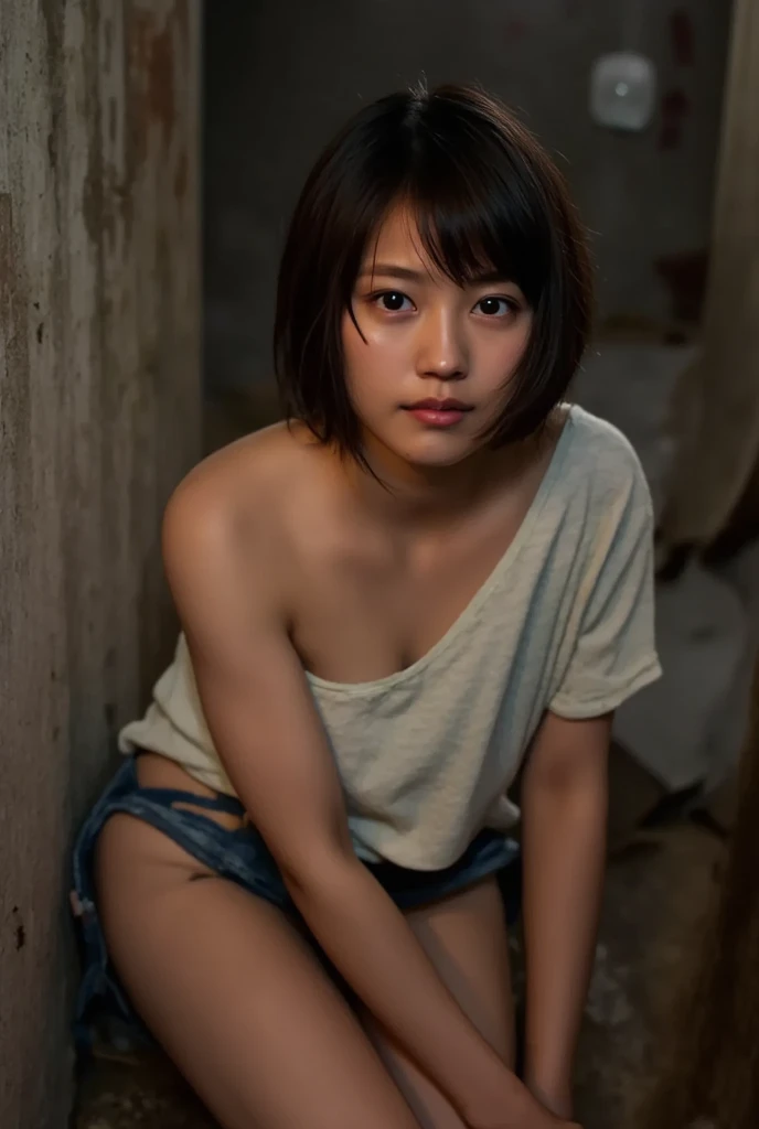 Top quality, masterpiece, Ultra-high resolution, (Reality: 1.4), RAW photos, 1 girl, Light brown hair, Bob Hairstyle, Smooth skin, Wet, Dramatic Lighting, Full body portrait, Blue T-shirt, 30-year-old woman, masterpiece, Slouching posture