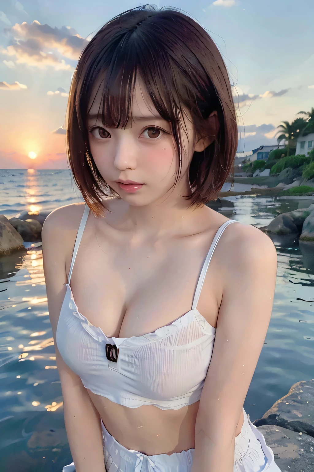 Highly detailed CG Unity 8k wallpaper, highest quality, Super detailed, masterpiece, realistic, photorealistic, Highly detailed cute girl, (25 years old), blush, round eyes, medium breasts, semi body shot, swimsuit, (on a boat), short hair