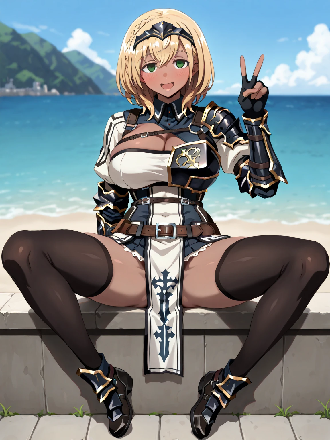 (One Woman),(Best image quality, 32K, masterpiece:1.3),((Blonde,Medium Hair:1.1)),(Swept-apart bangs,Braiding), (Cute eyes, Dark Eyes), (Detailed eyes),(Mole under right eye), (Standard weight), (Glowing Skin:1.1),(Pale skin:1.2),(A fantastic atmosphere),(look up),Ultra-high resolution, Textured skin, Sparkle Effect, adult,Low - Angle,Large Breasts,
Holy Knight,Paladin,White plate armor with gold decoration,Blue Cape,
world Tree,Floating Island,blue sky,Ocean,On the Cliff,
Black lace panties,Black lace bra eating popsicle,Saliva stringing,Food is on the face,
Spread your legs,Crotch close-up,M字Leg spread,Leg spread,Sitting sweat,Wet body,