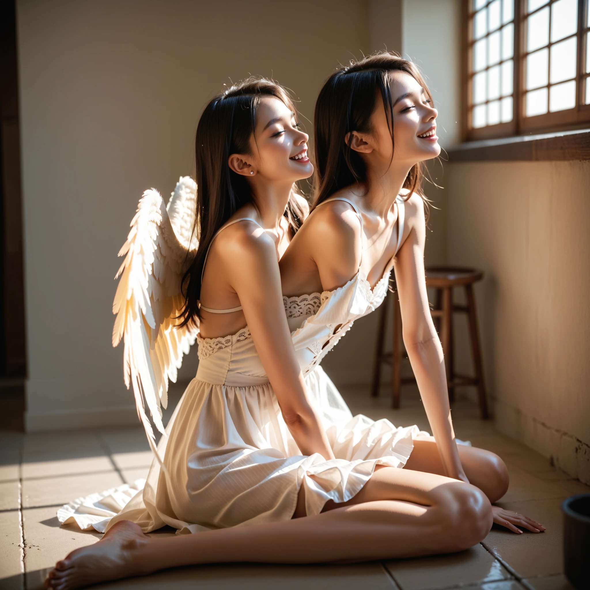 Female angel with two white wing,full body portrait or statue、Sandro Botticelli painting style,Arguments of two female Philosophe,math、astronomical machine、astronaut、roses in vase、fruits、Cute trinkets、smile、ancient greek costume、Ancient Roman landscape in the style of Nicolas Poussin,laughter,,Sweet and seductive appearance.、Caravaggio's paintings、Chiaroscuro of Caravaggio、hair tousled by the wind,Two women frolicking,cute smile, expression of ecstasy,Sexy,erotic