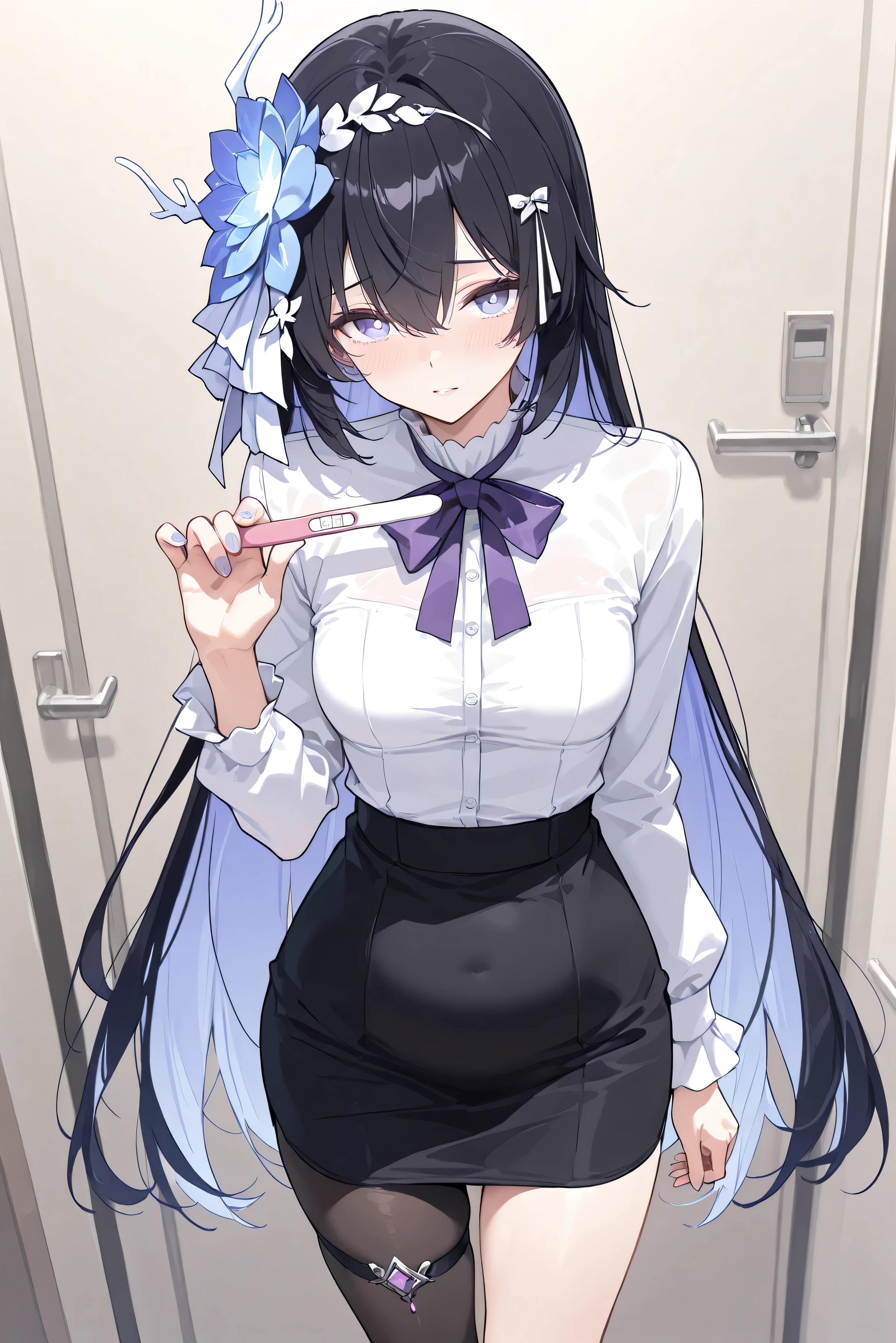 score_9, score_8_up, score_7_up, masterpiece, best quality, very aesthetic, absurdres, tunning image, attractive image, solo, 1girl, adult grown woman, seele vollerei (herrscher of rebirth), black hair, long hair, hair ornament, blue eyes, white pupils, small breasts, masterpiece,best quality,amazing quality, ero404, 5 fingers, nail, alternate costume, long sleeves, pencil skirt, purple bow, skirt, black skirt, white shirt, thigh strap, single leg pantyhose, pregnancy test, looking at viewer, implied pregnancy, holding,