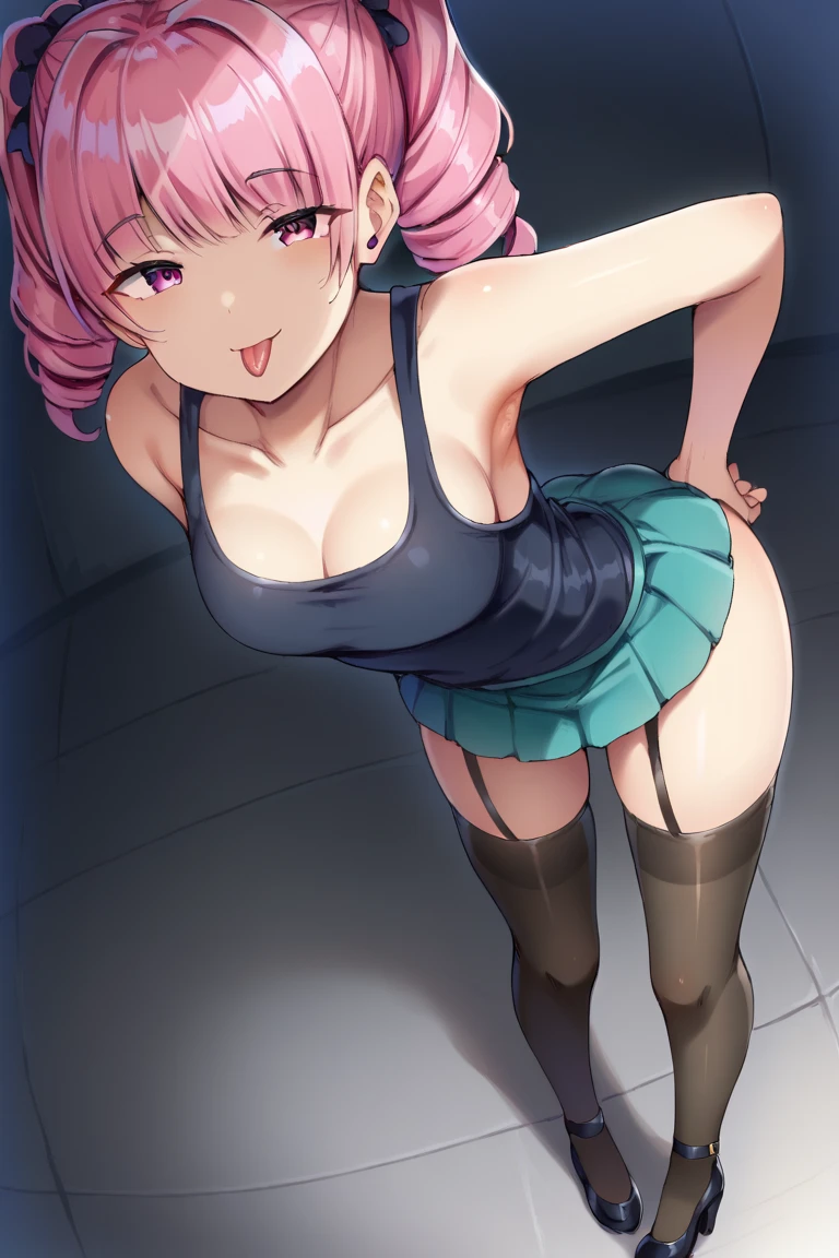 masterpiece, best quality, 1girl, solo, (chibi:0.7), closed mouth, smile, looking at viewer, scottpilgrimvstheworld, denim shorts, pink pantyhose, wintercoat, black camisole, ramona flowers, indoors,