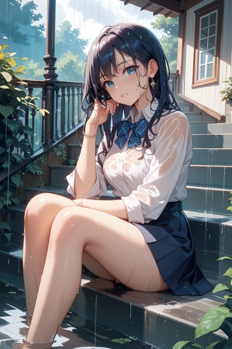 masterpiece, high-quality, a beautiful woman, resting her chin on her hands and looking out the window, humid and sweating, listless look, a little dark room, It's raining outside the window