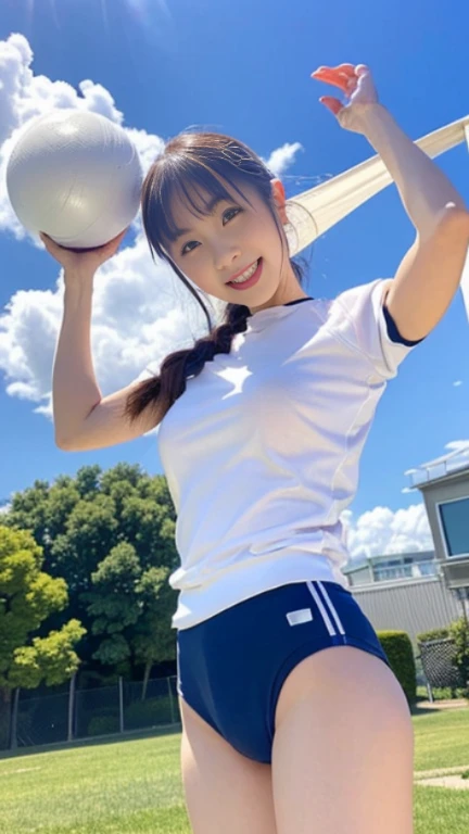 Glossy thighs、(8K、top-quality、masterpiece:1.2)、(realisitic、Photorealsitic:1.37)、ultra-detailliert、top-quality、超A high resolution、professionally lit、Photon mapping、Radio City、physically-based renderingt、Cinematic lighting、depth of fields,Focusing,Sun'rays,Good composition,,(((1 girl of 12 years))),Double eyes、(((white Volleyball uniform 、Dark blue high-leg low-rise bloomers)))、Gymnasium、A big smile、Gymnasium Court, (Tween model, 12 year old girl, young)), Ethereal beautiful, slim, very beautiful short hair,Colossal tits、 Toned abs, short cut hair、Soft light, ((David Hamilton Style)),