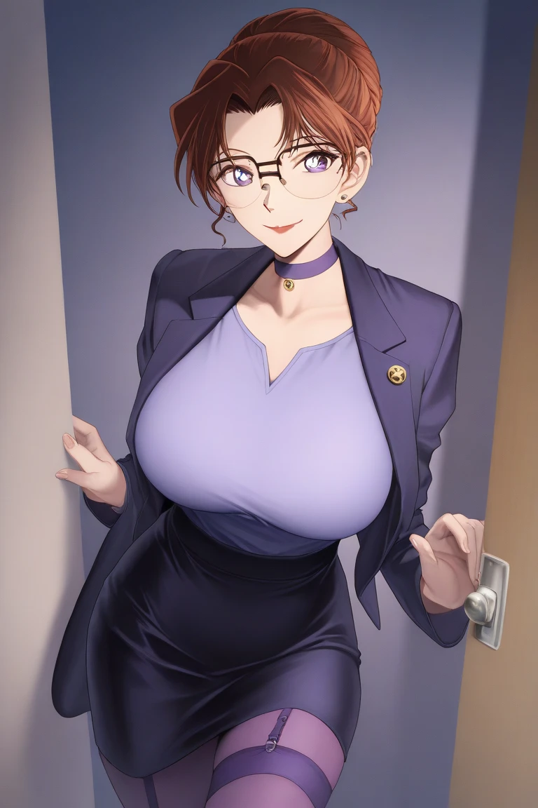Best quality,masterpiece,brown hair,Purple evening dress,Big breasts,Perfect body,full-body shot,Cool poster,Wearing glasses,36 mature beauties,Single player anime style,seduces a young blackman,(strong and naked black man,short pants,muscle body,bodybuilder),(a young mom with big breasts,narrow waist,bare shoulders,(Purple evening dress, transparent black pantyhose, floral print, naked)background:bedroom,sitting on the bed