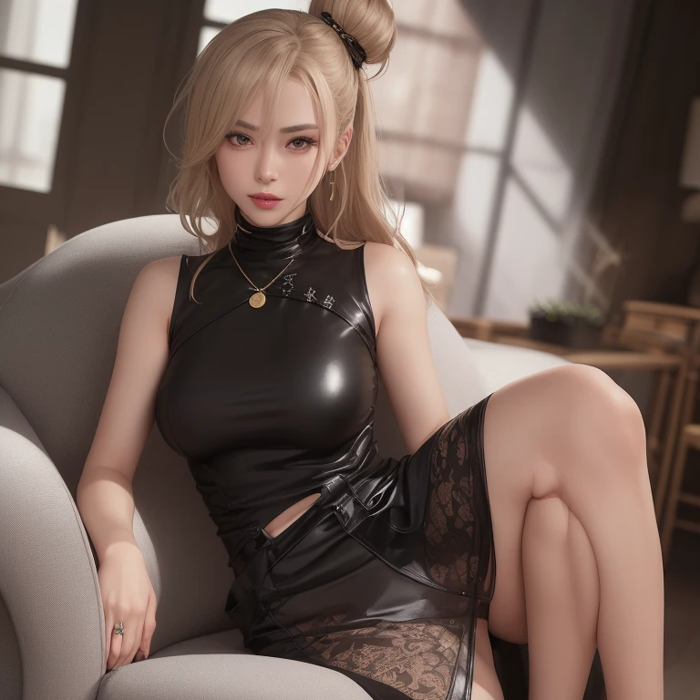 Blonde, on all fours, garter stockings, smile, high heels, angle from above, big, constricted waist, New York, one, flashy colors, skirt, see-through, earrings, necklace, bracelet, seductive eyes, slender, bar, dimly lit room, elegant seduction pose, gorgeous young Japan woman, gorgeous model, sexy girl, Different seduction poses, beautiful women