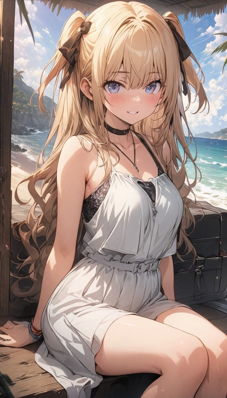 masterpiece、Background with((sea side、sand beach))、20yr old、a beauty girl、huge tit、Highly detailed embroidery on the dress、skirt by the、