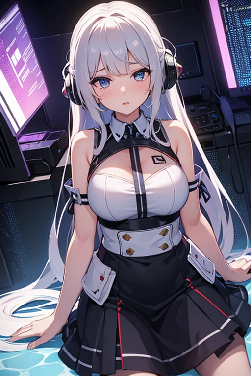 One girl、Inside the spacecraft、A girl and a beautiful sight are spreading。The walls and ceiling are covered with panels of futuristic design.、It has a fantastic glow。The interior of the ship is spacious々and々And々And々And、A variety of scientific instruments and consoles are located。The interior space of the spacecraft is、、、、It features a silvery metallic texture and a curvaceous design、focus on girl