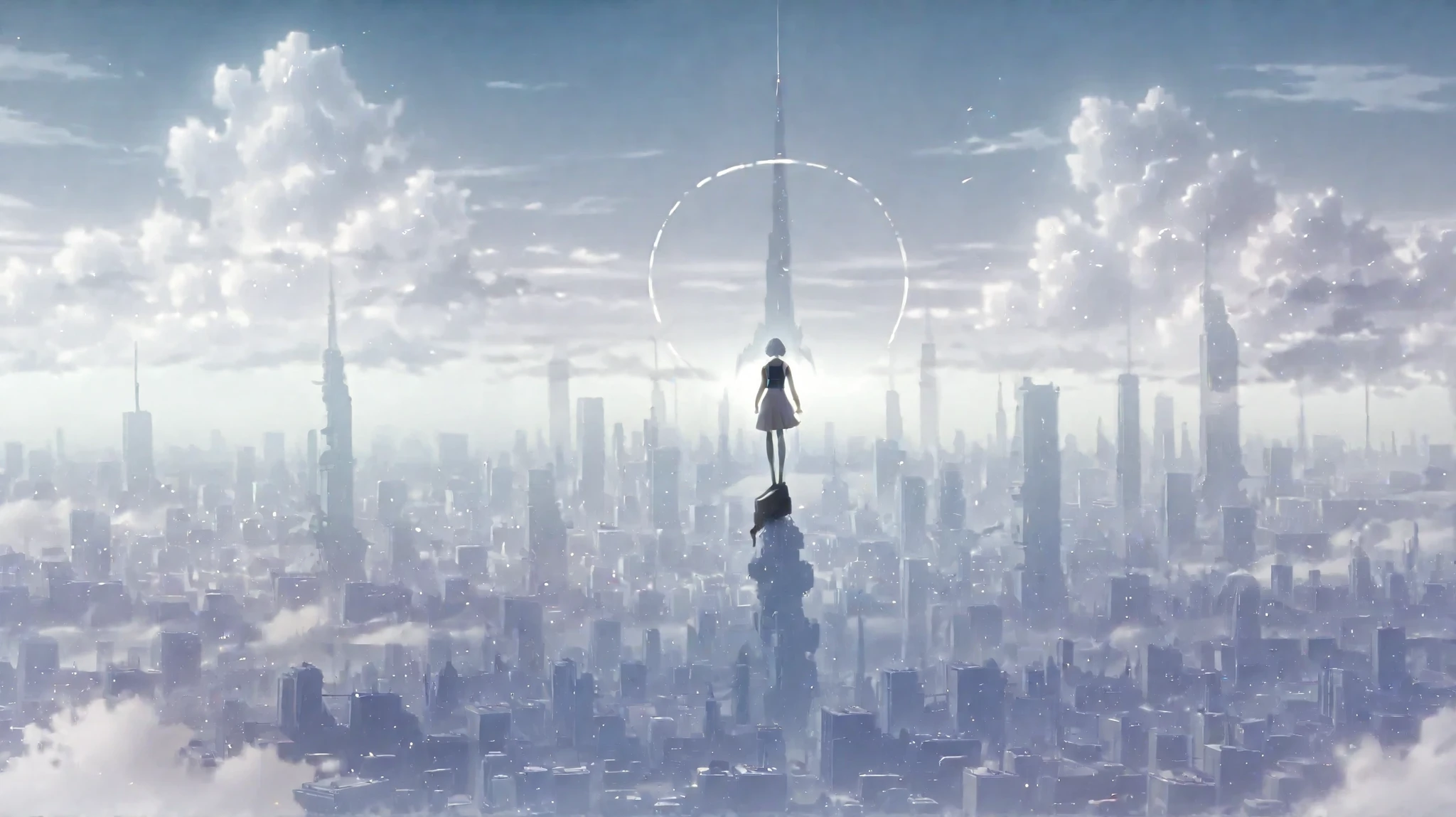 mirage art, white theme, ayanami rei , girl, cyber android, mechanical joint, she ride on back of robot giant, faded city silhouette, faded in distance, dynamic pose, fierce battle, dystopia scenery,cloudy sky, smoke, glow ring in sky that symbolize divine states of post apocalipse, bloody rain, 