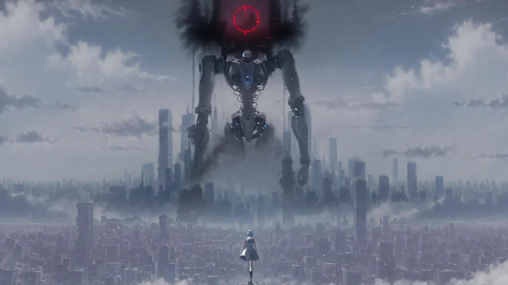 mirage art, white theme, ayanami rei , girl, cyber android, mechanical joint, she ride on back of robot giant, faded city silhouette, faded in distance, dynamic pose, fierce battle, dystopia scenery,cloudy sky, smoke, glow ring in sky that symbolize divine states of post apocalipse, bloody rain,