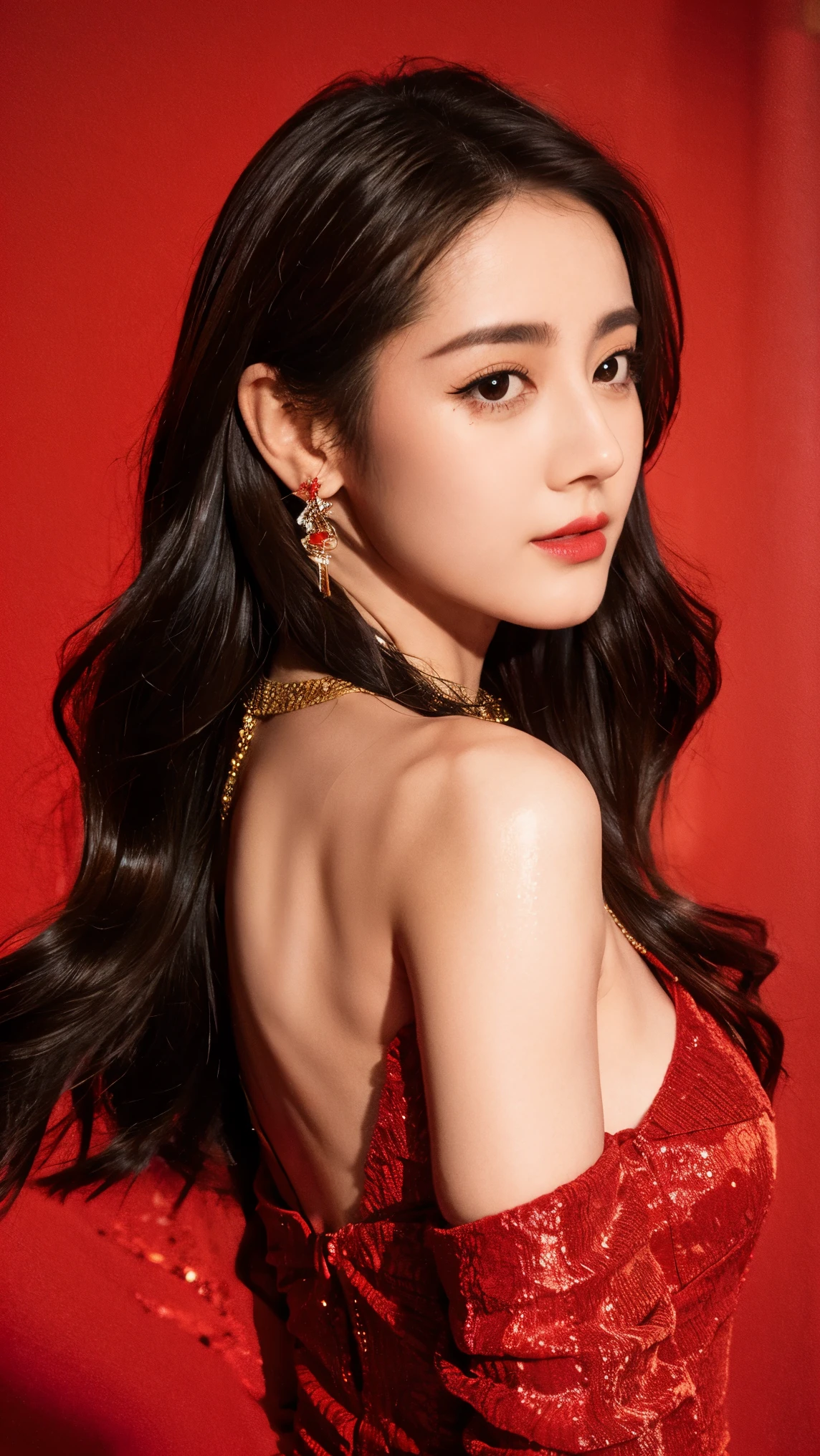 Ultra HD resolution，artistic photos，Photography，21year girl,earrings,long hair,Red background,Black backless dress,necklace,cowboy shot,H cup，Showing cleavage，Expose more breasts，Amazing breast size，Bigger breasts，Smooth and beautiful back，Completely bare back，Cold white skin，Buttocks are big
