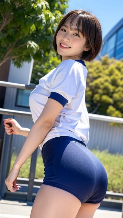 mix 4, The 20th, 一人in, short_hair, shirt, expensive_heels,full_body, look_in_viewer, (8K, Raw photo, highest quality, masterpiece:1.2), (realistic, photorealistic:1.37), professional lighting, photon mapping, radio city,Physically based rendering、body操服(White T-shirt with lines on the cuffs)and put on bloomers、Wearing dark blue bloomers、Dark blue bloomers thin fit into your crotch、expensive leg bloomers、Simple bloomers、sneaky smile、young japanese woman、super big breasts、nipple erection、expensive socks、sneakers、sexy pose、spread your legs、bodyにフィットしたブルマ、school hallway、Bloomers that get hard on the buttocks、shot from behind、Looking back、the whole body is wet