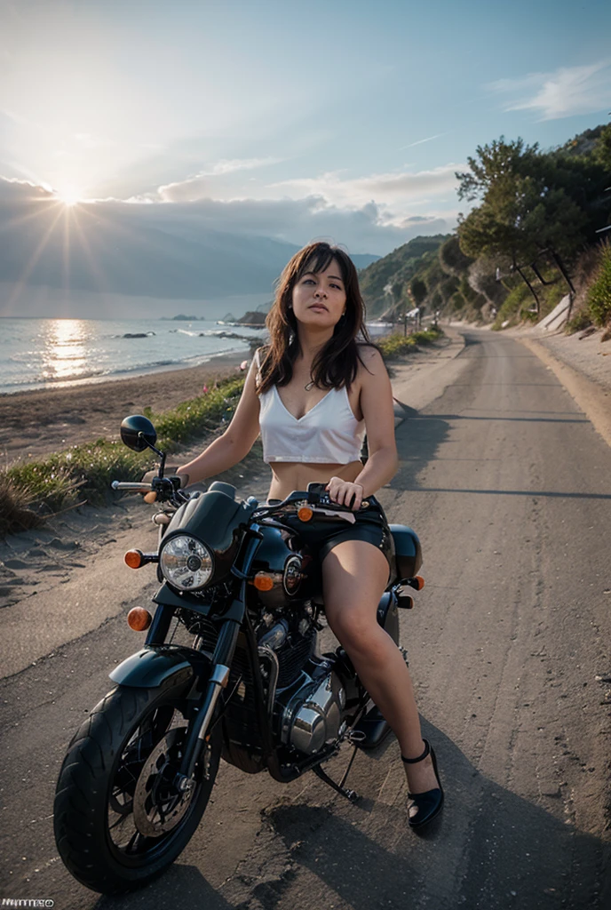 Woman riding a Harley,Long black hair with red highlights, Full Scene Shot, Highest quality, sunset, Step Path, The wind is blowing,Looking up at the sky, Beautiful woman, Outdoor Scene, Natural scenery, bikini, Umbilical cord prolapse, jeans,Cross Belt、Highly detailed face and skin texture, Fine grain,, whole body, Octane Rendering,Two-tone lighting,wide aperture,Low ISO,White balance, Driving a classic motorcycle, landscape