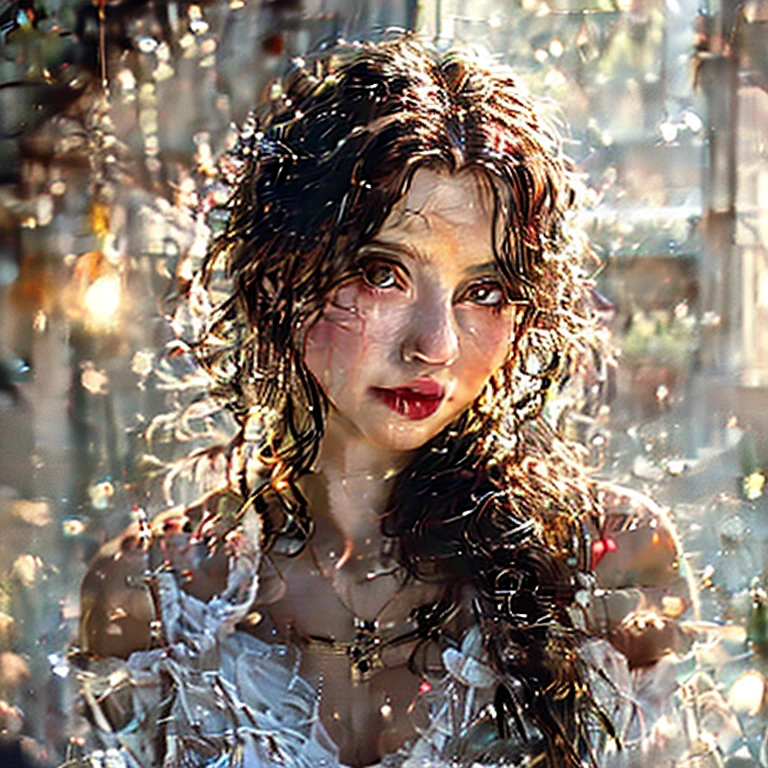 Alexandra Smelova, She's standing face to face in her room at night,She wears a very sexy transparent tulle nightgown She has her hair tied up with a red ribbon She has medium round and perky breasts underneath her white tulle shirt.Slim waist, beautiful legs, beautiful eyes, perfect skin Short layered nightgown in transparent tulle fabric, 1 solo, Style: portrait, blurred background f1.2, full HD resolution, 8k, Dark vignette at the edges, cinematic effect with soft shadows and light and shadow curve at -10, best quality, professional realistic, detailed eye, double eyelid, brighten skin, real hair, realistic skin texture, Masterpiece texture, realistic clothing texture, perfect face and body.
