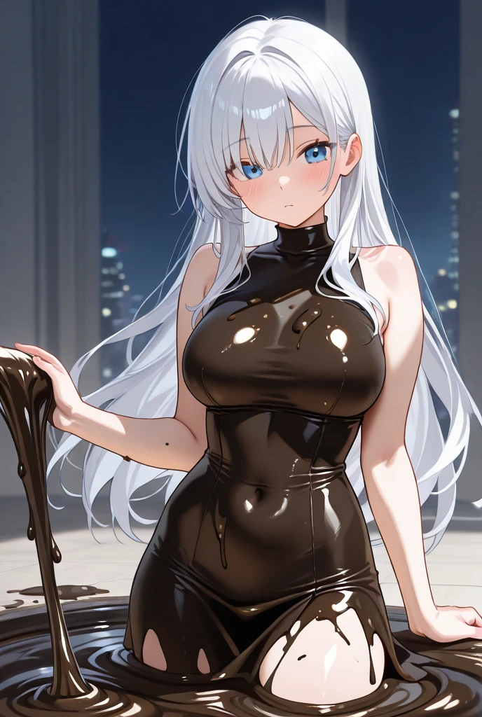 (masterpiece, best quality: 1,2), 1girl, solo,standing_split, Yuuki Mikan, long hair remaining on the floor, short black sleeveless vest, pink skirt, black, completely realistic, realistic face, perfect face, perfect eyes, showing her cut pussy through her panties, tired, tired expression, sweaty, all wet of sweat, naughty eyes. big thighs, big boobs