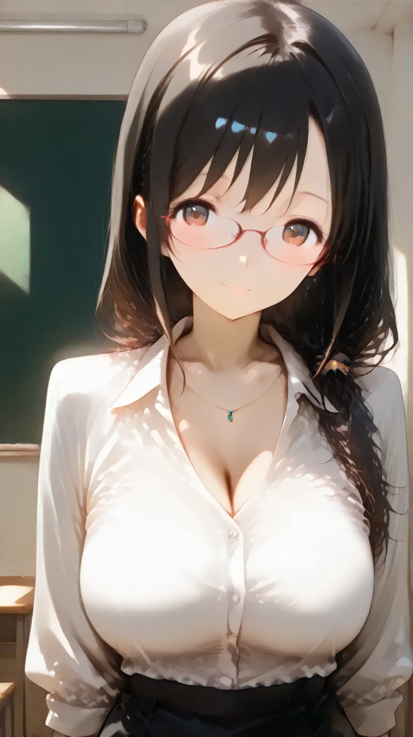 (NSFW:1.5), (1 completely nude girl:1.5), Masterpiece, Best quality, amazing beauty, [[3D]], 4K, absurdres, finely detail, super detailed eye, perfect anatomy, official art, cinematic lighting, BREAK, school, silky long hair, colored tips, black hair, super shiny detailed brown eyes, cute eyes, thin eyebrow, facing this way, full lips, eyewear, Looks like fun, BREAK , big breasts, medium, tanned skin, , BREAK ,()
