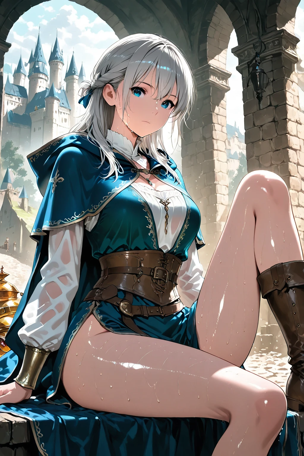 (miniature woman in front of the feet of a giantess: 1.1), (a miniature woman in front of a giantess), (a giantess in front of a gate), closeup breasts and face, (from below view: 1.2), (medium sized breasts) cleavage, (girl with white hair red eyes), (elven clothes sword), (medieval fantasy: 1.1), nipples, (fantasy outside: 1.1), (very low angle perspective: 1.2), (foot), barefoot, fields, sitting on ground, plains
