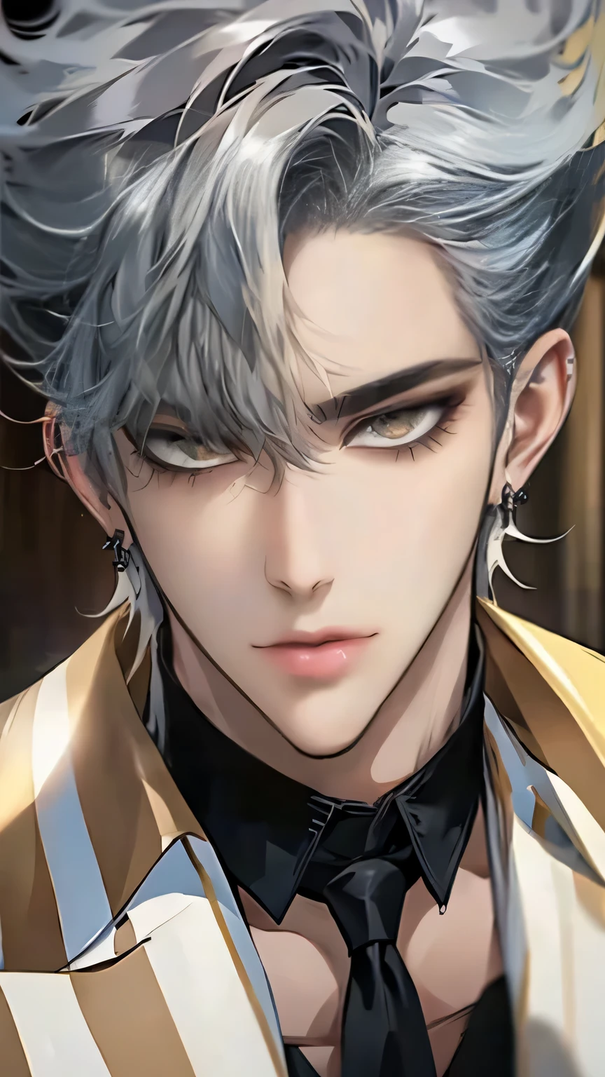 Close-up of a person wearing a suit and tie, comics, delicate and neutral prince, tall anime man with silver hair and golden eyes with piercings, Handsome Prince , Beautiful Prince of Androgenus, 애니메이션 handsome man, very handsome, Cool anime poses, The shine of silvery hair, Inspired by Byun Soo-min , 원펀맨의 가로우풍 handsome man, handsome man,Silvery short hair, sexy pose