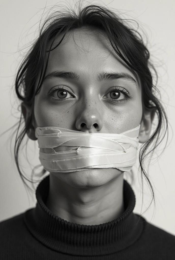 woman with tape on her mouth, prevented from speaking. bruised. Showing the arms. black andwhite