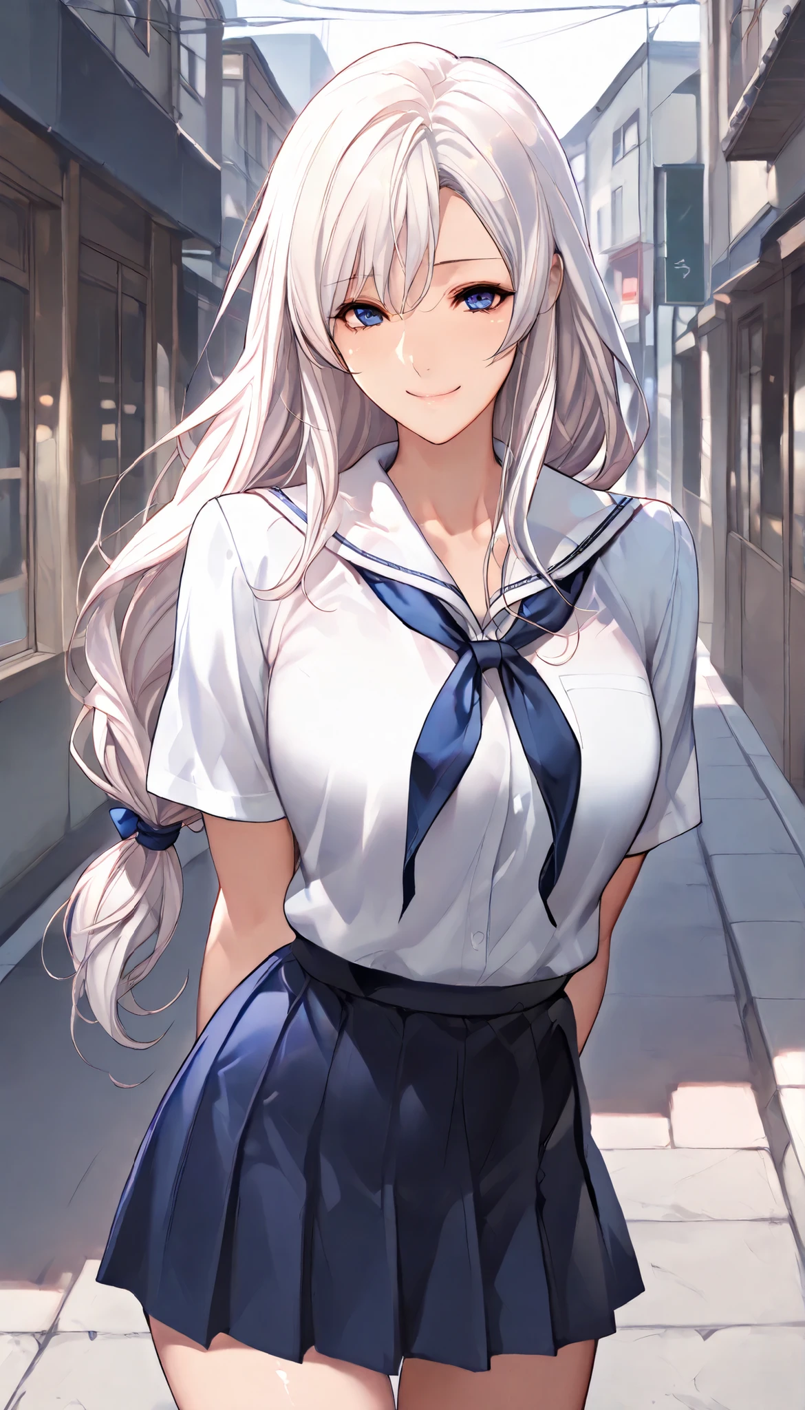 Modern Backgrounds,A female with slim body(older girl),Slim Body,shiny skin,(Wearing A JK skirt),(White school uniform),((Arms behind back)),On the street in a residential area,(White hair,low-tied long hair),Blue Eyes,light smile,slightly tilted forward,UHD, SOLO, anatomically correct, masterpiece, textured skin, high details, highres, 1080P, 16k, accurate, Beautiful face, Beautiful Nose, Perfect face, Highly detailed beautiful face and eyes, Attractive face, Detailed face, Delicate facial features, Detailed skin,Cowboy shot