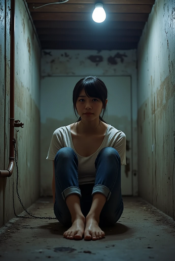 a brunette woman with straight hair, de 1,65m tall, is sitting on the floor of a dimly lit bathroom, almost dark, with walls covered in old paint and stained by time. She wears basic, dirty pajamas., stuck to the body by the sweat of fear. His face is pale, The wide eyes, reflecting the sheer horror of what he had just witnessed. 
The cold, damp bathroom floor amplifies the feeling of despair, as she presses her back against the wall. Her trembling hands grip the edges of her pajamas, in an attempt to hold on to something real amidst the nightmare that surrounds her. 
The sound of her heavy breathing echoes in the small space.. Fear paralyzes her, an invisible presence filling the air, heavy and suffocating. Something is lurking, and she can feel the slow, inevitable approach.