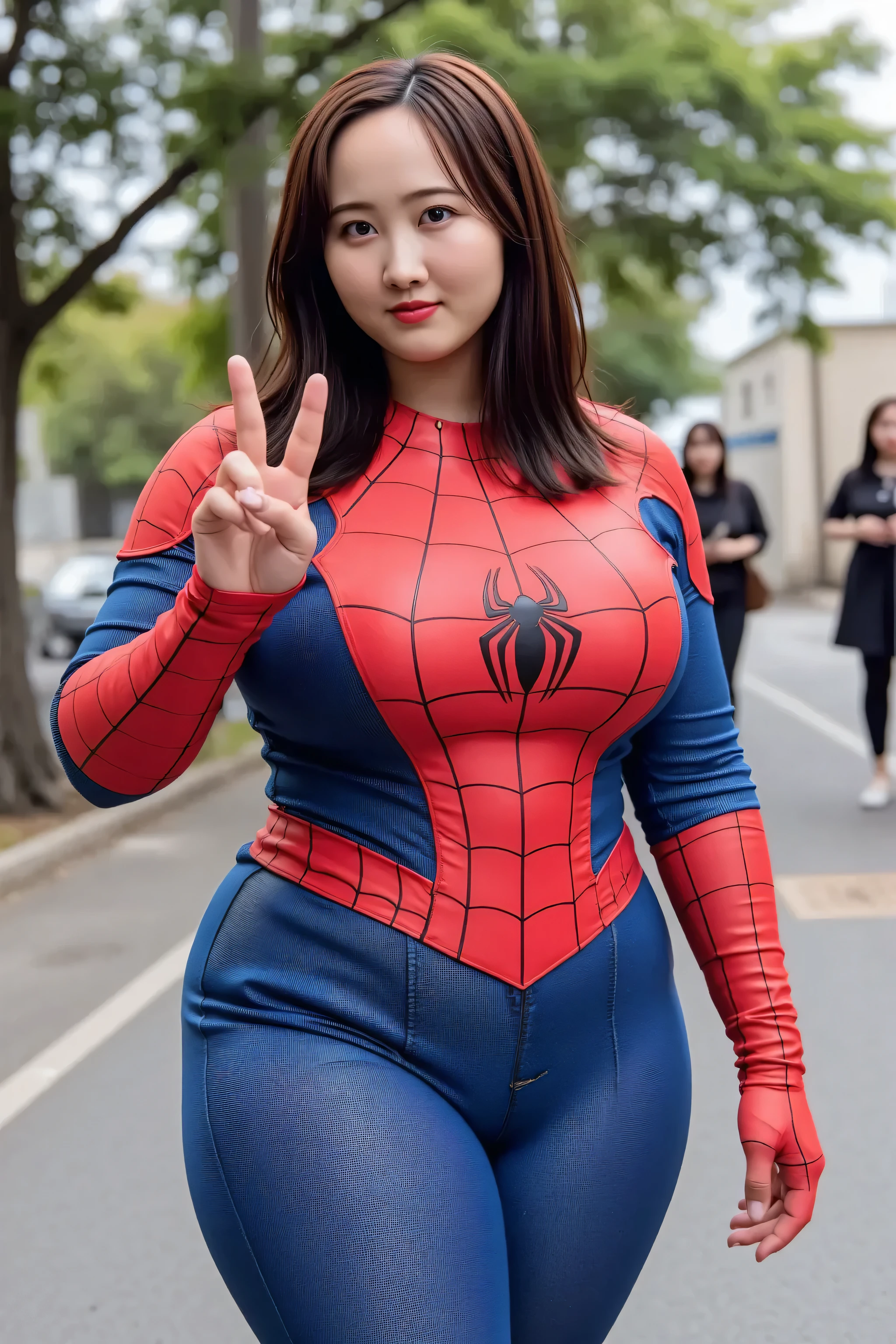 Full-figured body, Plus-size woman, Spider-Man, Peter Parker, NSFW, 1 girl, (cleavage cutout : 2.5), realistic cleavage, (She is wearing nothing but a highly detailed, realistic, skin-tight rubber Spider-Man suit with a plunging neckline. : 1.9), (Deep Cleavage : 1.9), (plump and curvy body : 1.8), Full-body shot from a moderate distance, looking at the camera, sensual, Voluptuous Style,