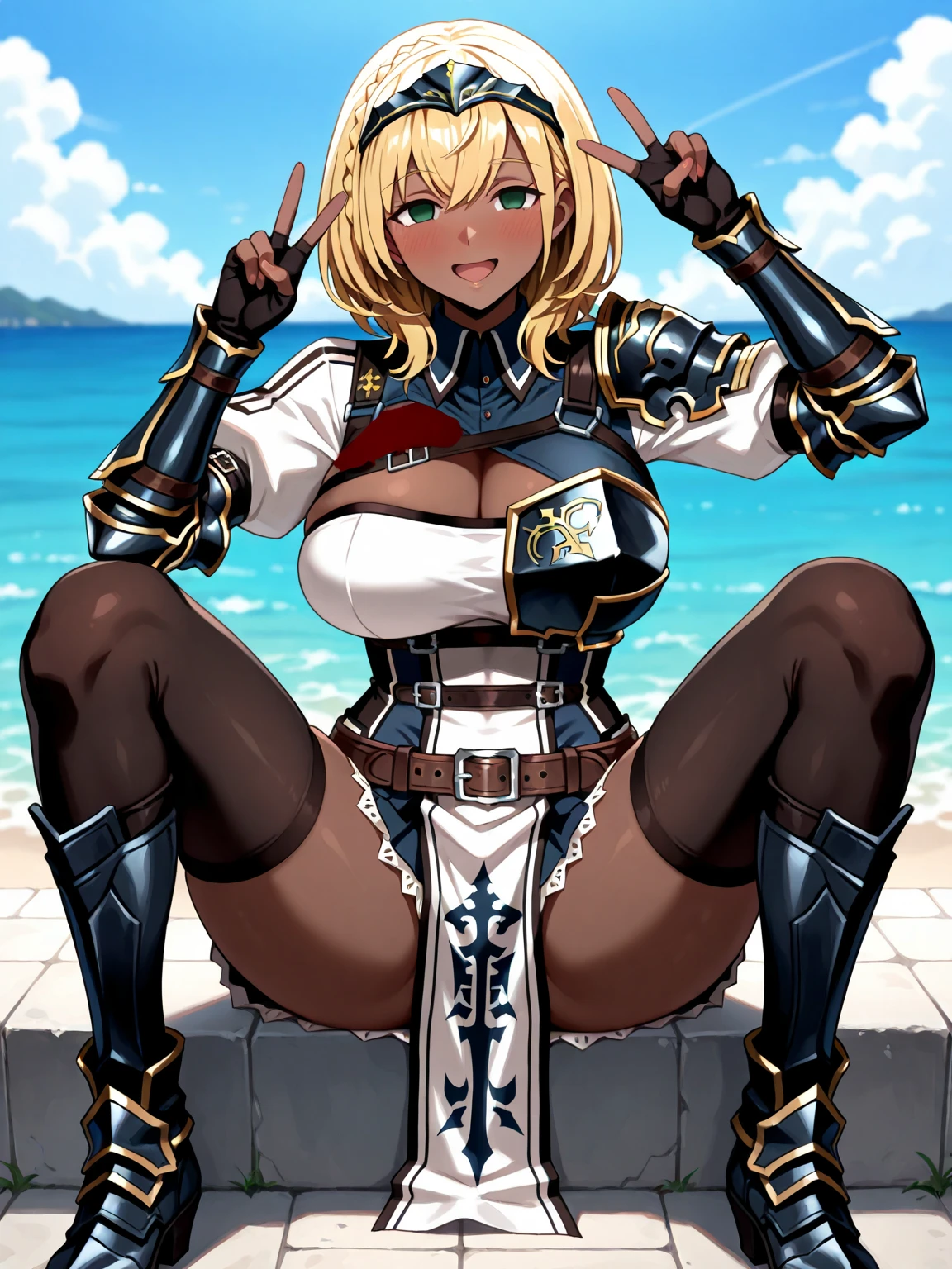 (Masterpiece, best quality, high resolution, perfect anatomy), (extremely detailed face) (beautiful detailed eyes), (1 woman),(dark skin:1.2),  (blond short hair, with a asymmetrical bob), tall stature, (toned, slender), huge breast, (blue eyes), (black triangle bikini, micro bikini, Low Rise Bikini), Armature, looking at viewer, (smile:1.2)(happy:1.2), perfect lighting, cinematic lighting, dynamic lighting, sunny, dejected posture, (ruin), (a fantasy medieval city), open mouth, (skin fang), (spread legs:1.2), (sit astride), (girl on top), Tattered brown Cloak),
Battlefield of the warriors, A desolate grassland battlefield where ancient warriors are said to have fought, Crumbled castle walls are visible in the distance