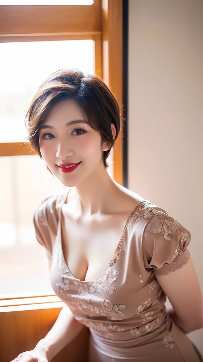 (38 years old), (black wool jacket),(white wool pants)、(white ruffle blouse), double eyelid, eyelash, Red lip gloss, (smile:1), ((close your eyes:0.85)), (looking at the viewer、Are standing), (From above:0.2)、尖ったred mouth、(reddish brown wet shiny short hair),red mouth,clavicle、 (Photoreal:1.3),(RAW photo),(woman standing in front of an old castle, Beautiful lawn, squirt, Bright sunshine in the city of Modena, Italy) , 8k, Super detailed, highest quality, rough skin, anatomically correct, masterpiece , highest quality, cinematic lighting, Use perspective throughout , surrealism , ,(realistic:1. 3),(RAW photo) , black hair, light smile, short hair, bob cut, anaglyph, stereogram, (mature woman:1), (38 years old), ((close:0.5)), glare, double eyelids, lip gloss, (smile:1), ((close your eyes:0.85)), red mouth, clavicle, ((looking at the viewer)), (short hair of reddish-brown color wet and shiny,), (I can see the whole body) , Slightly thick body type , wide eyed , perfectly round eyes , fine texture