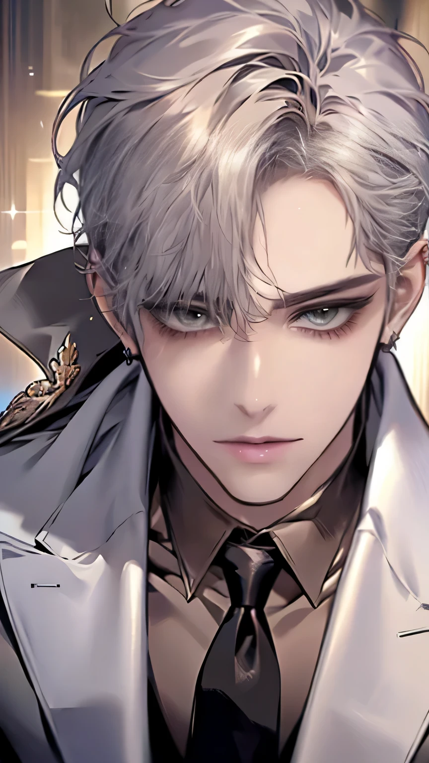 Close-up of a person wearing a suit and tie, comics, delicate and neutral prince, tall anime man with silver hair and golden eyes with piercings,  Handsome Prince , Beautiful Prince of Androgenus, 애니메이션 handsome man, very handsome, Cool anime poses, The shine of silvery hair, Inspired by Byun Soo-min , 원펀맨의 가로우풍 handsome man, handsome man，Silvery short hair,  pose