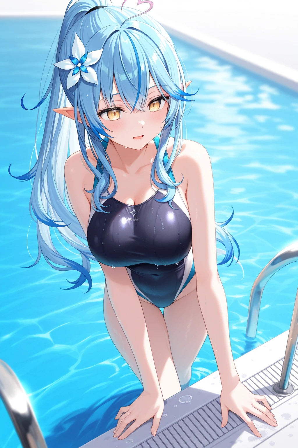 (((beautiful and sexy swimsuit)))、undine, elaborate illustrations, Sexy and cute expression, Powerful and beautiful eye shadow, delicate and shining eyes, best quality, beauty ballerina、light blue gradient hair (Purple Highlights)、big bust, thick thighs((whole body))、((photo taken under water)))、Undersea(various colored coral reefs, jellyfish,)