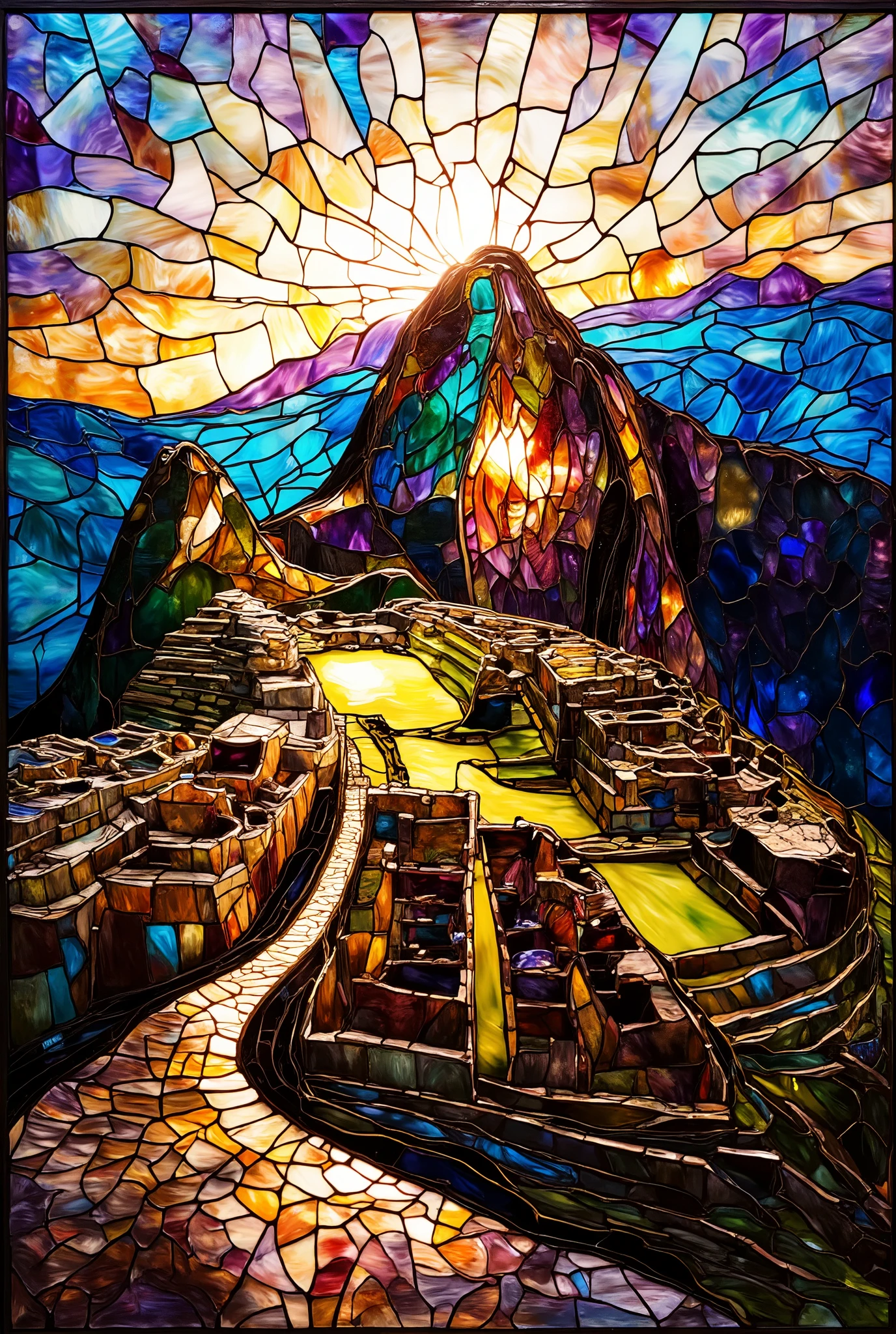 stained glass style Machu Picchu Shining in the morning sun