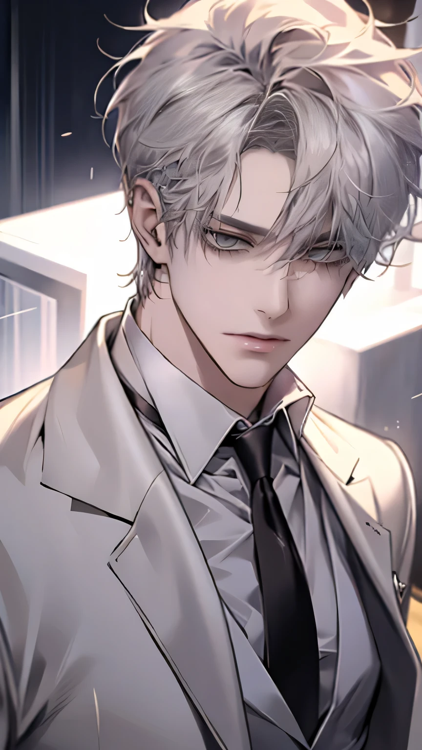 Close-up of a person wearing a suit and tie, comics, delicate and neutral prince, tall anime man with silver hair and golden eyes with piercings,  Handsome Prince , Beautiful Prince of Androgenus, 애니메이션 handsome man, very handsome, Cool anime poses, The shine of silvery hair, Inspired by Byun Soo-min , 원펀맨의 가로우풍 handsome man, handsome man，Silvery short hair,  pose