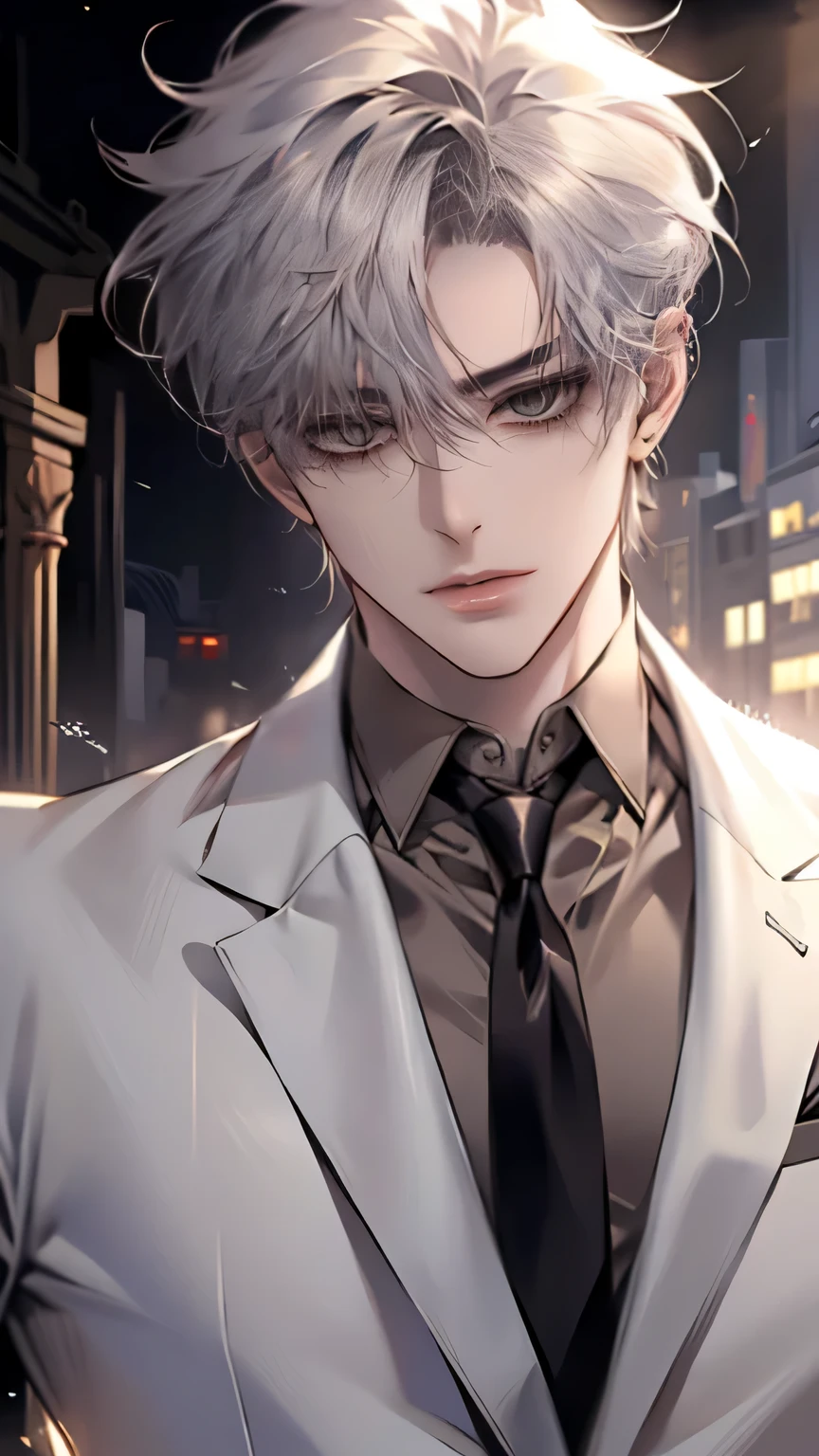 Close-up of a person wearing a suit and tie, comics, delicate and neutral prince, tall anime man with silver hair and golden eyes with piercings,  Handsome Prince , Beautiful Prince of Androgenus, 애니메이션 handsome man, very handsome, Cool anime poses, The shine of silvery hair, Inspired by Byun Soo-min , 원펀맨의 가로우풍 handsome man, handsome man，Silvery short hair,  pose