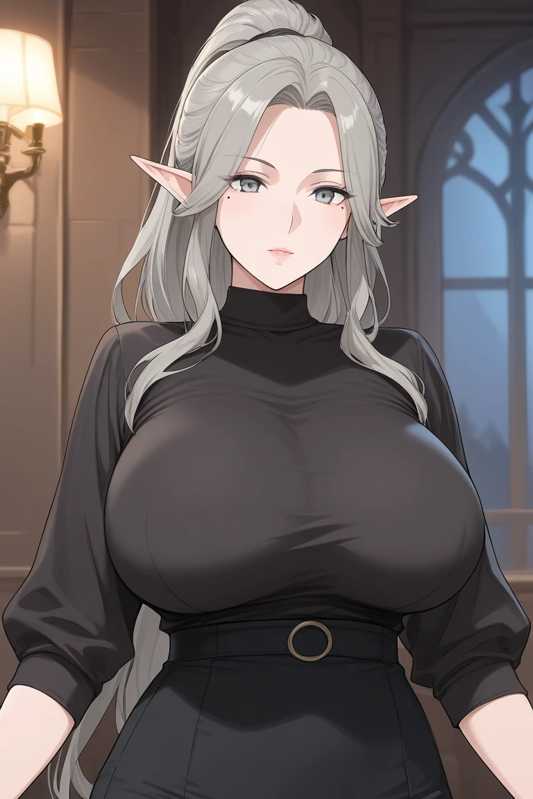 Bra, panties, huge tits, head band, busty, silver hair, elf ears, cool face, beauty mark under eyes, blue eyes, long hair, intrincate details, detailed, masterpiece, best quality, 4K, HDR, royal hall, gothic building, upperbody,