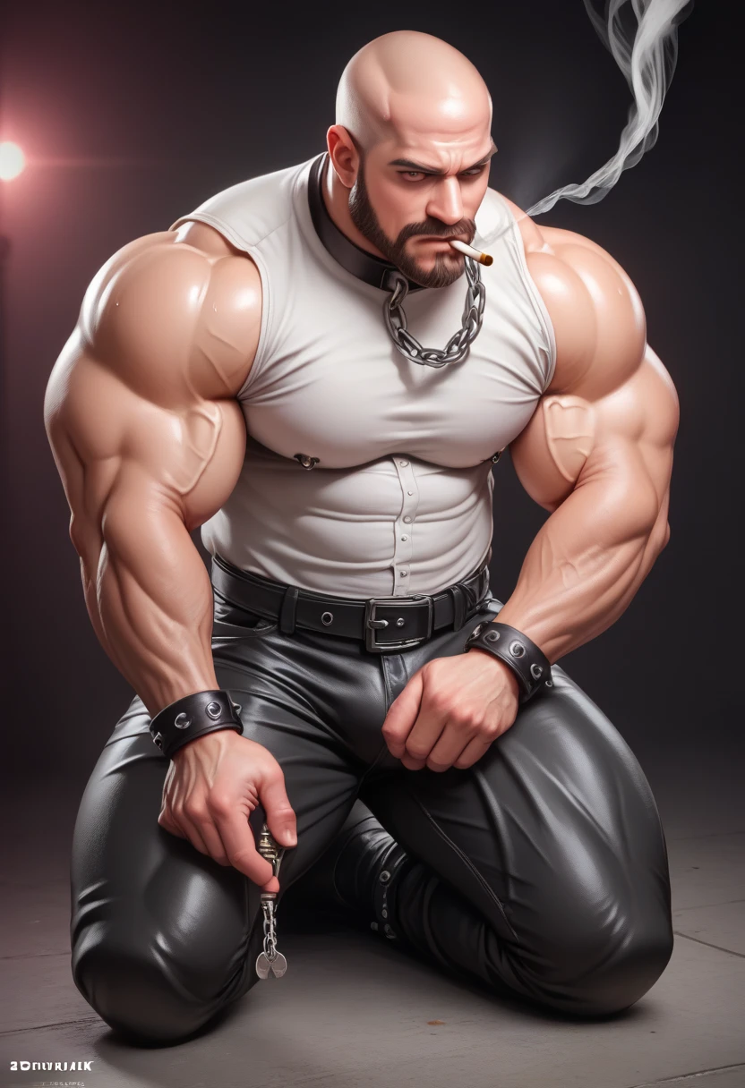 (masterpiece, best quality, hyperrealism), male focus, brute, shirtless older male, (BDSM daddy), thick silver beard, wearing tight black leather pants unzipped with his erect penis prtruding, hedonistic, wearing black leather gauntlet gloves, thick chain around his neck, wearing aviator sunglasses and black leather biker's cap, ((massive hairy chest)), hairy abs, looking at viewer, standing intimidatingly, hands on his hips, NSFW, homoerotic, (bokeh background:1.1), <lora:add_detail:0.4> <lora:Silverjow Style v3:1> , BDSM dungeon, red color, sweating, master, kink, fetish, vascular, muscle striations, dramatic lighting, muted colors, smokey interior