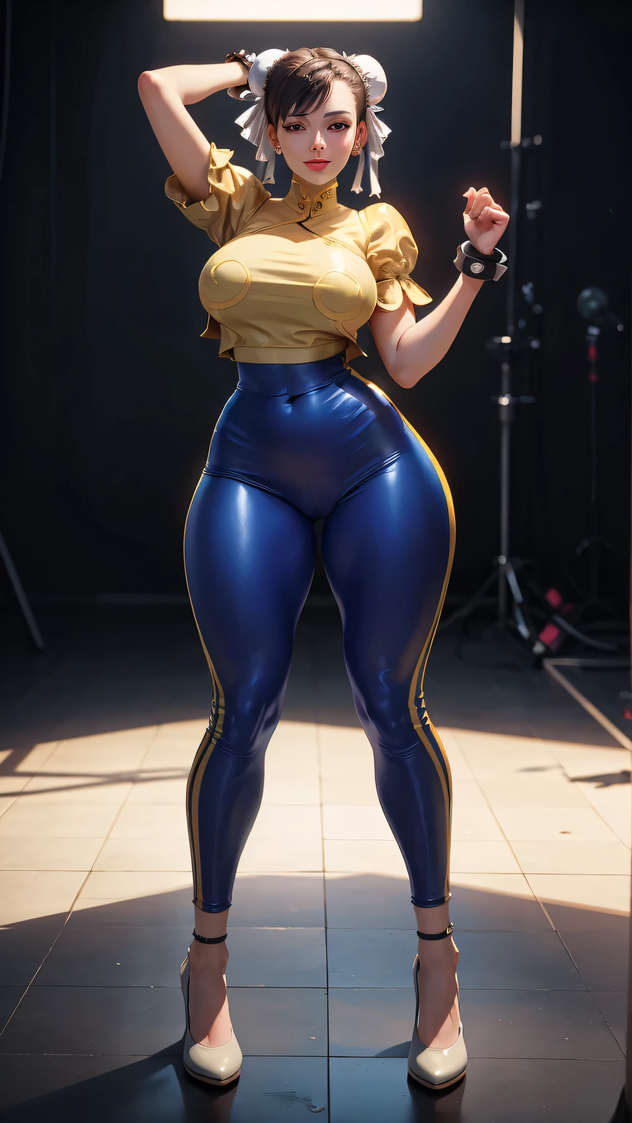 score_9, score_8_up, score_7_up, score_6_up, score_5_up, score_4_up, source_anime, smooth, highres image, fullbody, volumetric lighting, beautiful face, detailed face, detailed texture skin, detailed face, detailed eyes, beautiful eyes, from below, povsit, toychica, \(fnaf\), yellow skin, black shirt, tank top, bike shorts, (lowering pants, holding pants), black knees socks, standing, covered body: 1.2, huge breasts, (smirk smile: 1.2), furry, yellow fur, smirk face, naughty face, grin, yellow skin, thick legs, pink eyes, thick body, thick legs, looking at viewer, blonde hair, big ass, one eye closed, winking one eye, tongue out, showing tongue, :p, thick thighs, wide hips, side view, 5 fingers, intricate details on hands, good hands, (simple grey background), dutch angle, blurry background