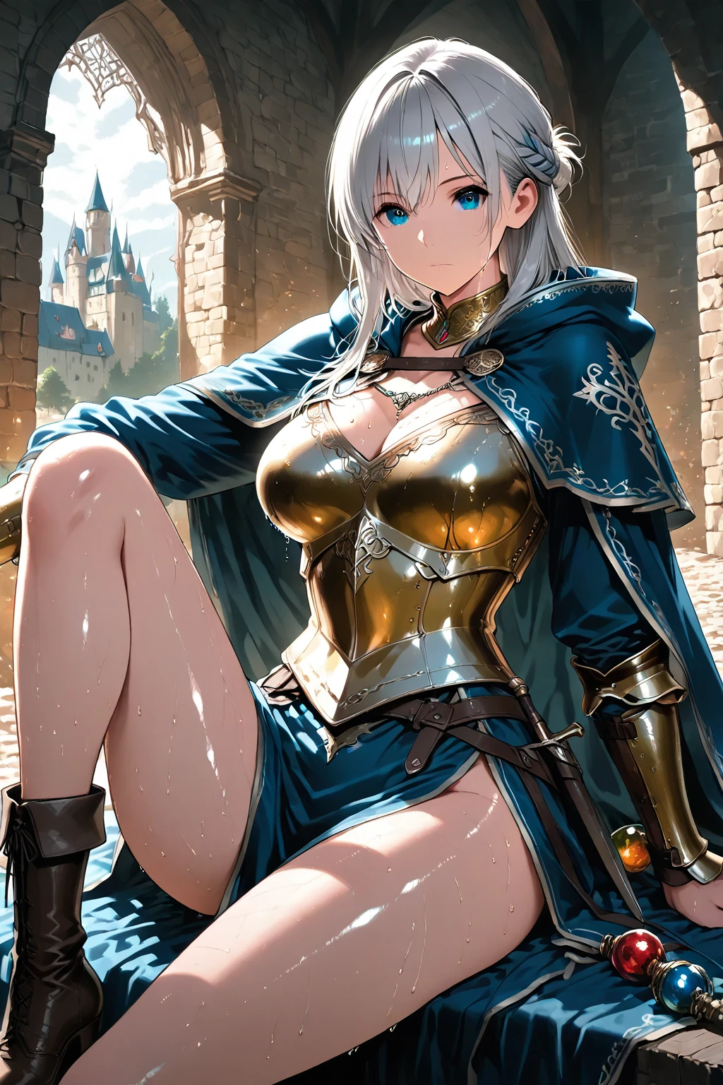 Woman knight、a beauty girl、huge tit、Excellent style、Nice Buddy、glamorous、leotard、s Armor、Shoulder rest armor、Bra chest armor、knee boots、gauntlets、hair adornments、silber hair、Longhaire、Ahoge、is standing、full body seen 、Medieval city、Walking、slightly open mouth、a smile、