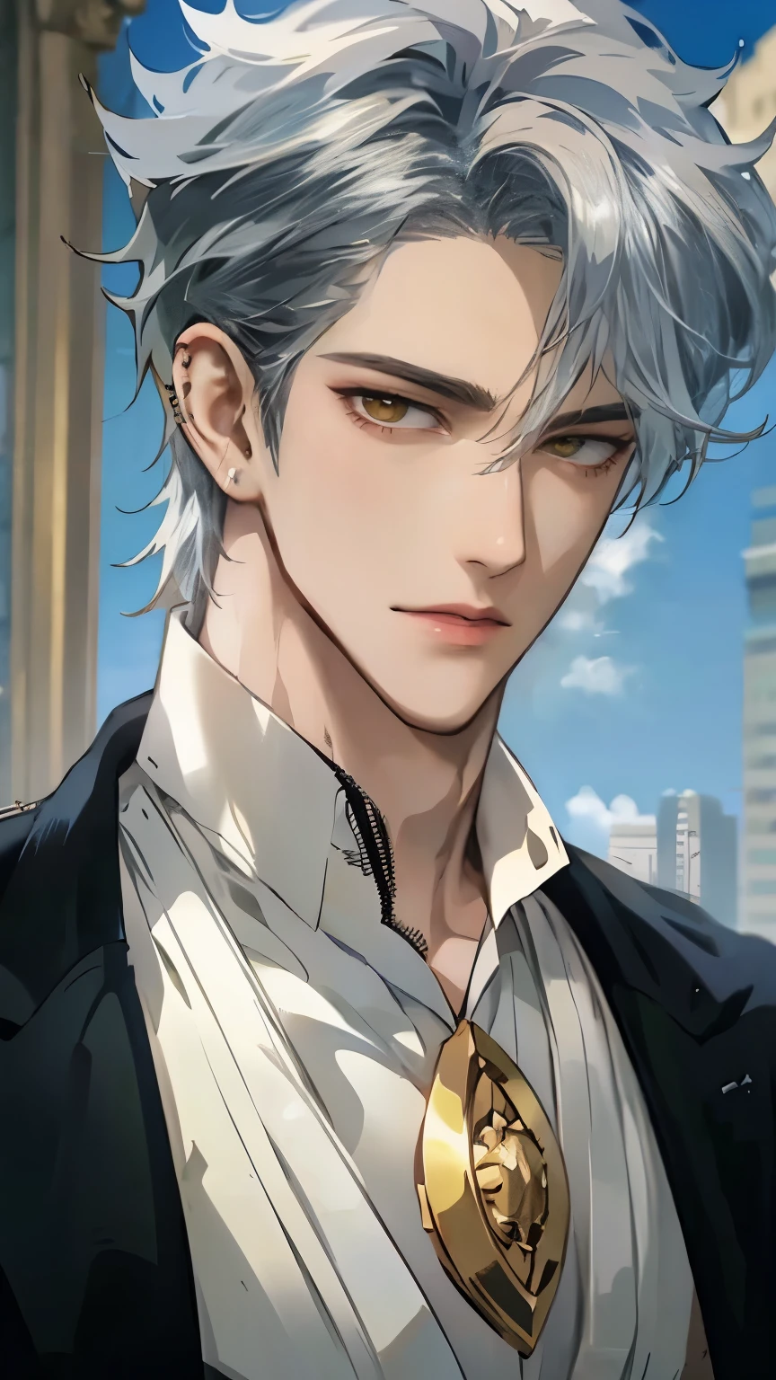 Close-up of a person wearing a suit and tie, comics, delicate and neutral prince, tall anime man with silver hair and golden eyes with piercings, Handsome Prince , Beautiful Prince of Androgenus, 애니메이션 handsome man, very handsome, Cool anime poses, The shine of silvery hair, Inspired by Byun Soo-min , 원펀맨의 가로우풍 handsome man, handsome man,Silvery short hair, sexy pose
