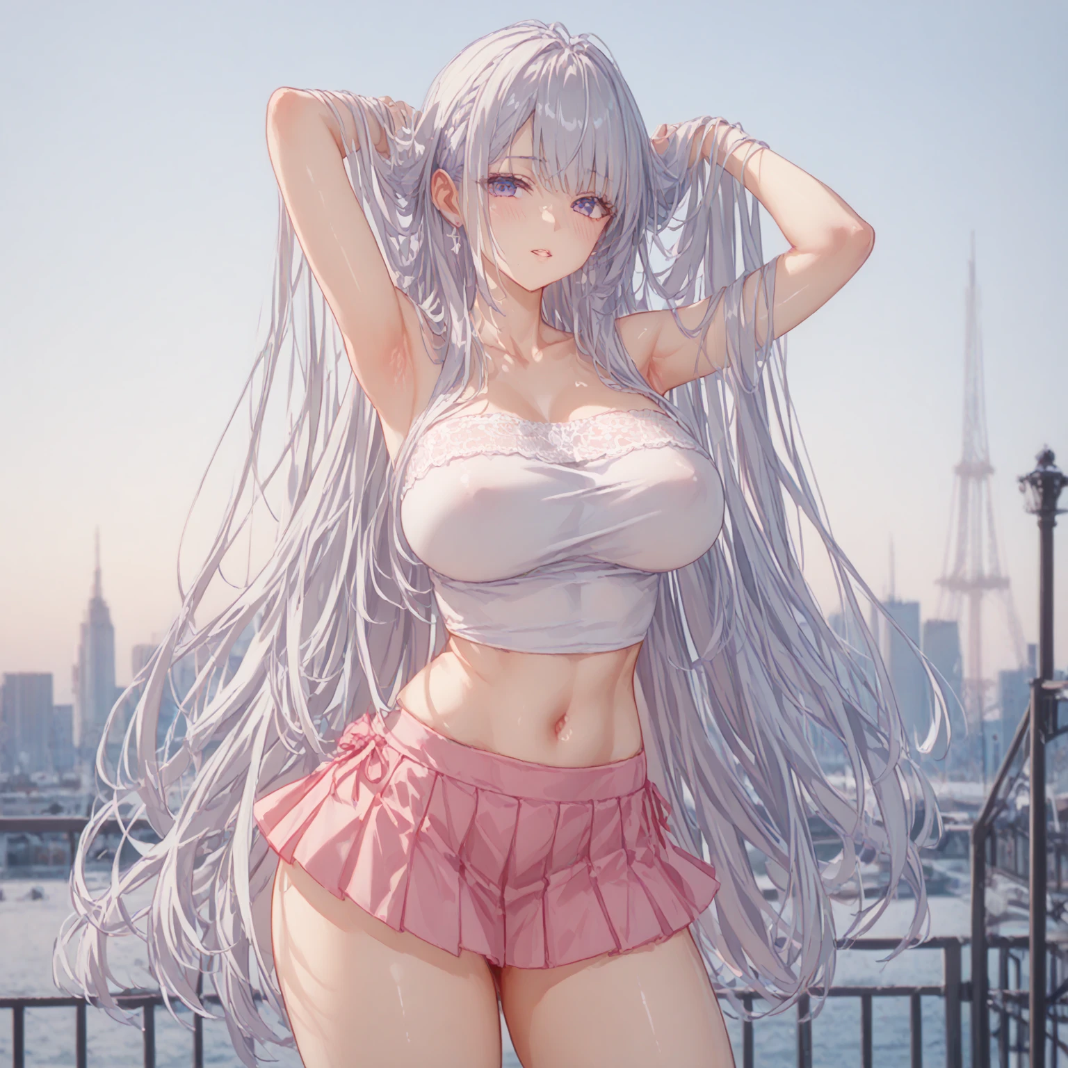 Girl with radiant white skin and a strikingly beautiful face, her light eyes sparkle with life as they gaze off into the distance. Her thick lips curve into a gentle smirk, while her long, white hair with dark pink tips cascades down her slender frame. Her slim figure accentuates her small breasts and generous hips, which are balanced by her long legs that stand at a height of 1.65 meters.
Dressed in a casual spring outfit, she wears a flowy blouse with delicate floral patterns and a pair of high-waisted denim shorts that showcase her toned waist. Her feet are bare, allowing her to feel the warmth of the earth beneath her.