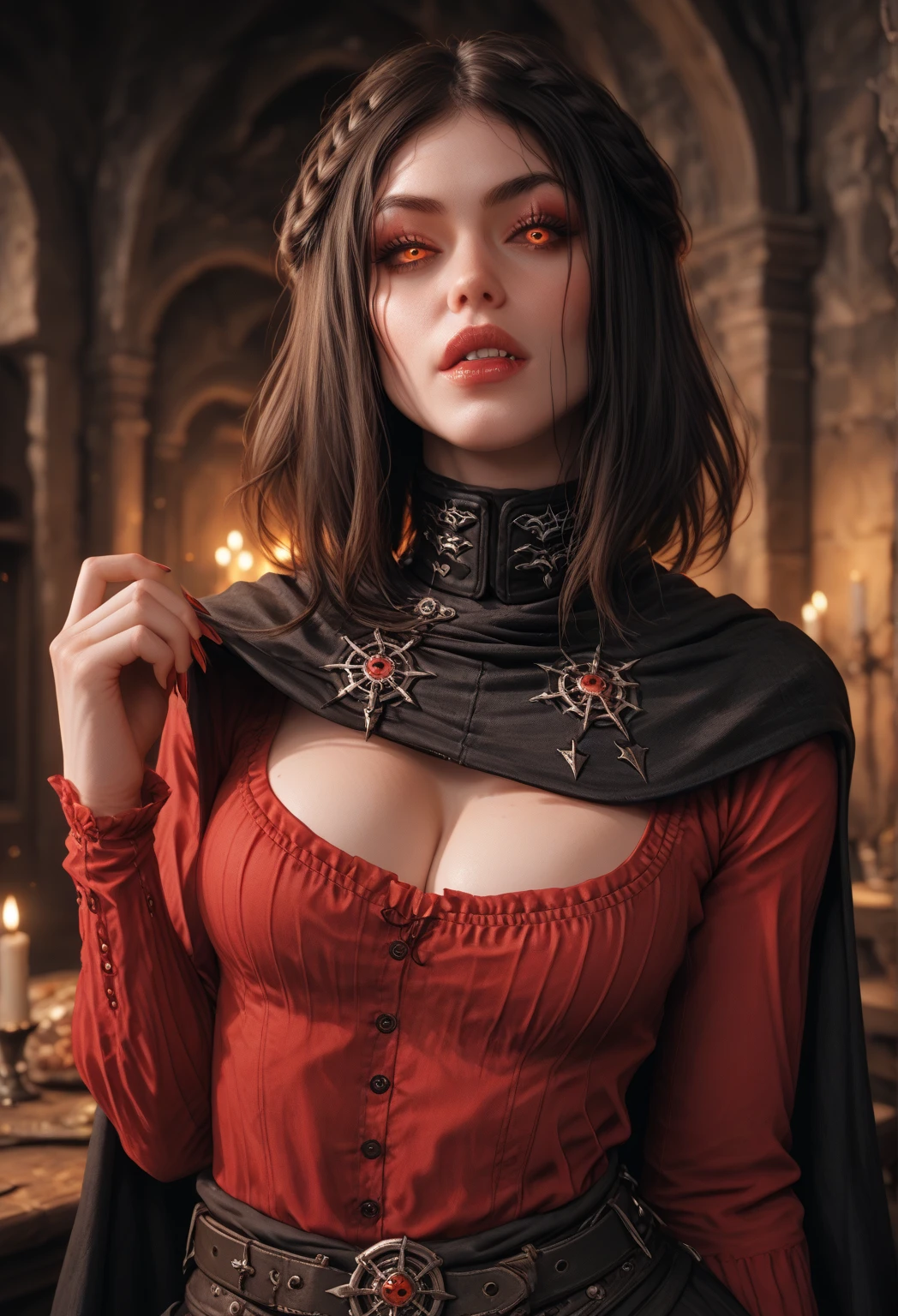 portrait shot, ((vivid brown hair)), sleek bob cut, center part, angled bob hair cut, mature woman, 30 years old, diamond face, moonlight, red starry sky background, depth of field, magic, big red lips, ((perfect blue eyes)) black and red long and full dress, covered chest, mystical atmosphere, ominous shadows, Intense blue aura, Intense red aura (best quality:1.2), absurdres, intricate details, (highly detailed skin:1.2), smile expression, posing, taut and well defined body, attractive. Highly realistic, pale skin, beautiful, hyperrealism, skin very elaborated, direct gaze
