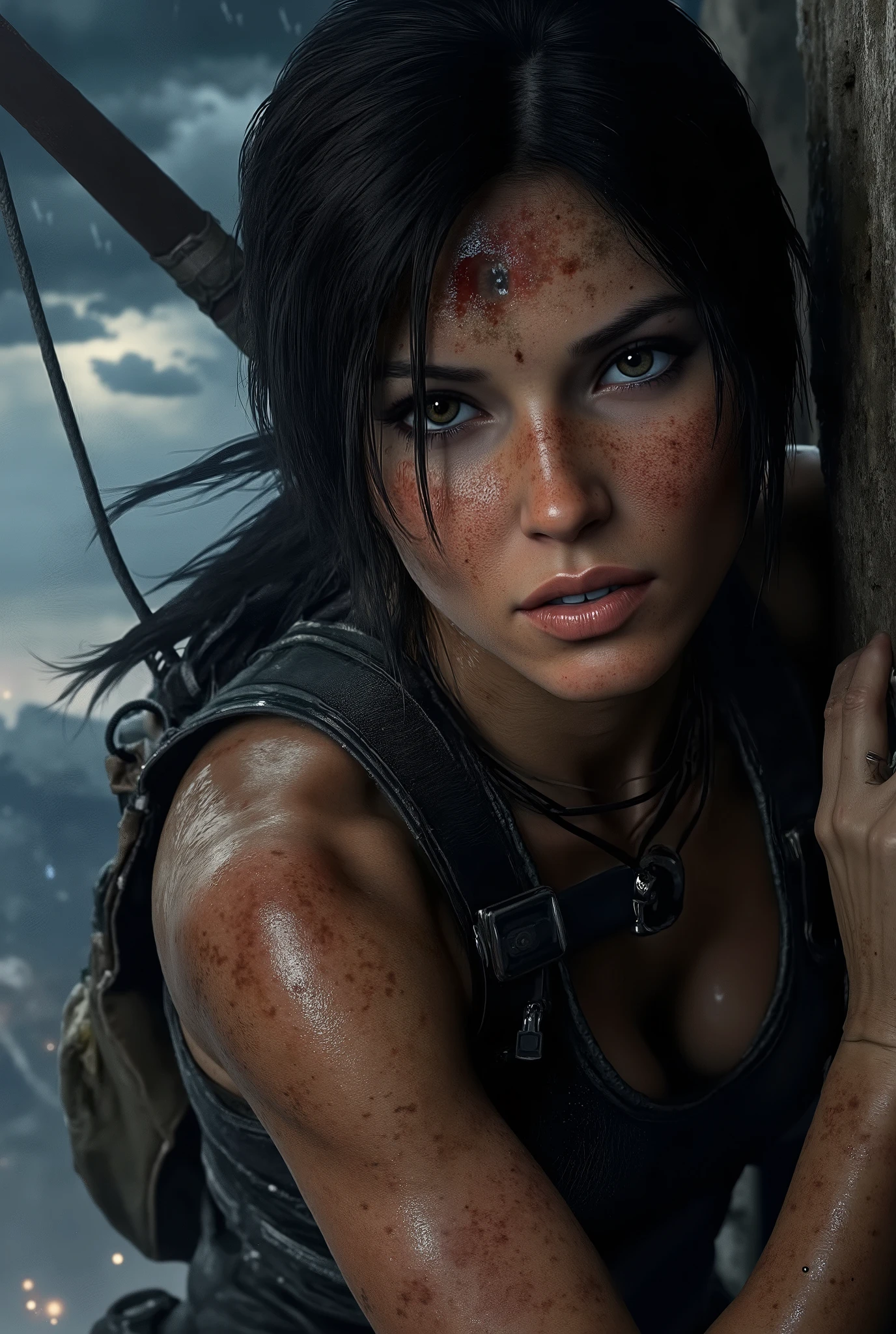 Remek! Here's the updated, ripping rain version for the image:


---

Prompt (angol):

> A realistic scene of Lara Croft from the Tomb Raider video game, climbing a steep mountain in a heavy rainstorm. She is wearing detailed climbing gear soaked with rain, her face and arms smeared with mud and sweat. Rain pours down her face, her hair drenched and sticking to her skin. Her expression is focused and intense as she grips the wet rock. Dark stormy clouds fill the sky, occasional lightning in the distance. Cinematic lighting, high detail, gritty atmosphere, ultra-realistic, 4K.





> A realistic scene with Lara Croft, known from the game Tomb Raider, as he climbs a steep mountain in torrential rain. He wears detailed climbing gear, your dress is completely soaked. His face and arms are covered in mud and sweat. Rain flows down his face in streams, your hair sticks to your face in water. His expression tense and concentrated, as he grips a slippery rock. A dark storm clouds and lightning are visible in the background. Very detailed, with cinema-like lights, nyers, realistic vibe, 4K quality from.




---

If you want, I can have another version of a different mood or style also: pl. drone view, from side, focusing on your face up close, or in black and white movie style. just let me know!

