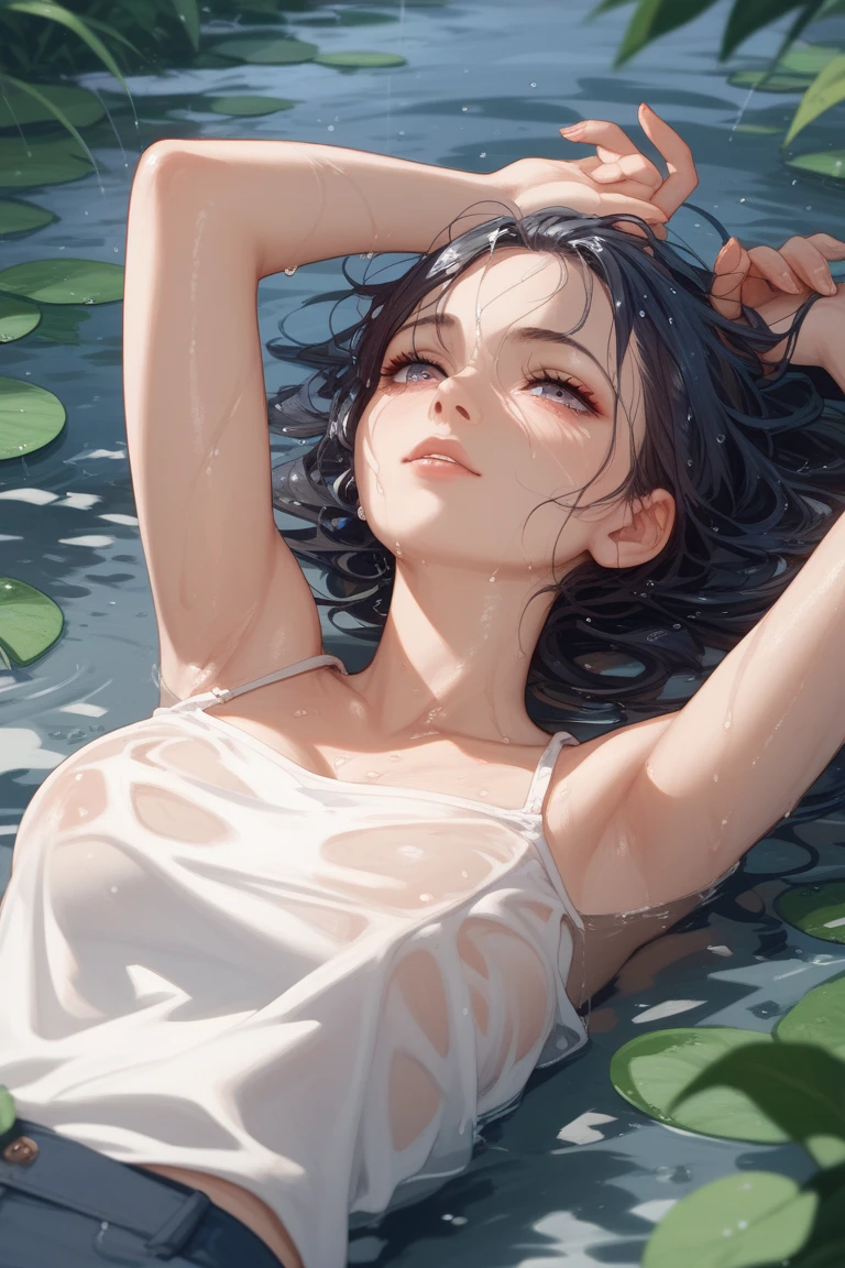 （Background with：Ponds，cherry blossom forest，The lotus flowers）Lying in water， She has short black hair，Seen from the front，， Mostly cloudy sky，（（（tmasterpiece），（Very detailed CG Unity 8K wallpaper），best qualtiy，cinmatic lighting，细致Background with，beatiful detailed eyes，Bright pupils，Black eyes，Snow White skin，red rip（Very fine and beautiful），（Beautiful and detailed eyes description），ultra - detailed，tmasterpiece，））facing at camera，hight resolution，ultra - detailed），Revealing breasts，Genital only，  Bulge，legs are open，Raised sexy，Camel toes，Desire for dissatisfaction，frontage，（Wearing ：Transparent Apron）