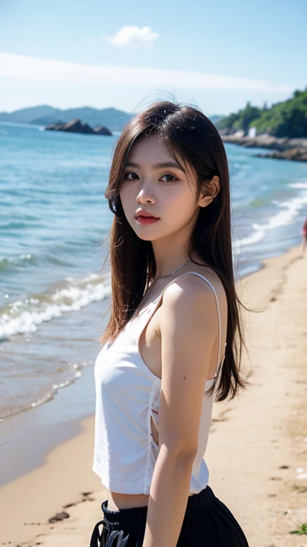 towards the camera,put a face to the viewer,stand on all fours,High image quality,works of masters,daughter,black hair,long hair shawl,long hair flowing over shoulders,cropped shoulder,clavicle,exquisite face,moist red lips,white dress,clavicle,towards the camera,Single photo,hosiery,sad expression,bust,real person,(ocean,sandy beach),CG rendering,16,000,lying in bed,Put your hands behind your head.,look into the camera,The night scenery was beautiful, farewell,hyper hd,The details were perfect,the picture is real,Extreme picture quality,Highest accuracy,8K 해상도,shade of darkness,8K, yes ,Ultra HD,8K