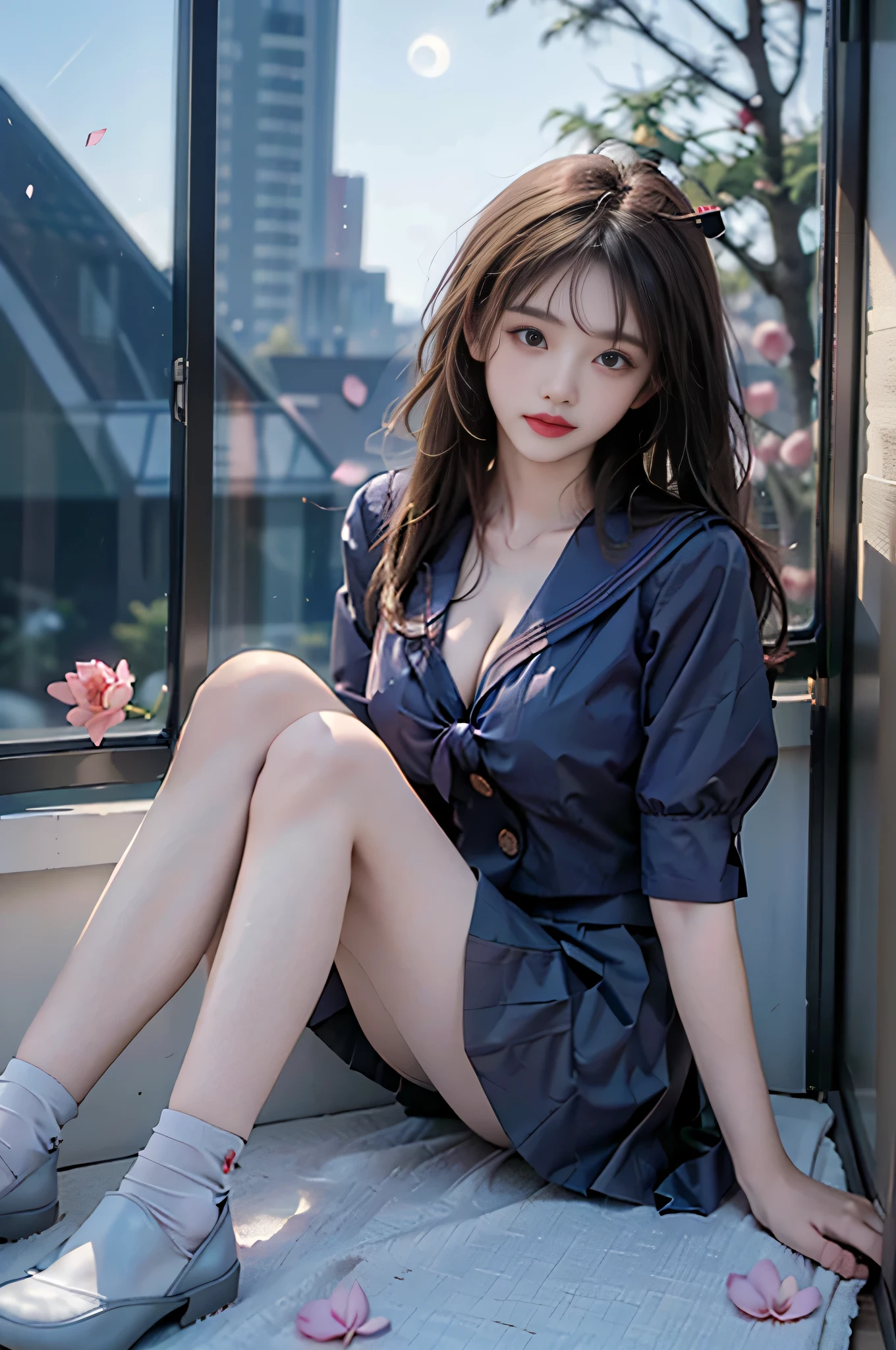 ((((Highest quality))))、(((Ultra-precision CG16K wallpaper)))、(((masterpiece)))、(((Super detailed)))、(((Extreme detail)))、((１Mature 29 year old woman:1.6))、((Very beautiful Japan face of a person))、((Urizane Face:1.6))、((Soft wavy medium ponytail hair、blunt bangs:1.8))、(Shiny brown hair)、A delicately drawn beautiful face、Dark Eyes、High nose、Small nostrils、Small Mouth、Seductive lips、Beautiful breasts、((C cup size breasts))、Beautiful feet、eight-headed body、Perfect proportions、Perfect Anatomy、Perfect composition、Beautiful detailed shading、Beautiful, natural lighting、Beautiful detail glow、Depth of written boundary、(((High chroma)))、(((Real:1.9)))、((vivid:1.5))、((Beautiful Skin))、((Skin Texture))、((Realな皮膚感))、(((Cowboy Shot:1.6)))、((front view、shoot from front、front low angle:1.6))、(((Half-open mouth、Surprised face:1.3)))、((The woman is looking at this、looking at viewer:1.6))、Bright daylight、Natural light、(((background_living、Foliage plant:1.4)))、(Gravure idol sitting pose:1.6)、(((Marine blue blazer&White bikini bra&Gingham check pattern pleated mini skirt:1.6)))、((Scrunchie Ribbon、necklace、Wearing earrings:1.5))、((Knee socks clothing))、(((The woman is sitting on a beanbag:1.6)))、