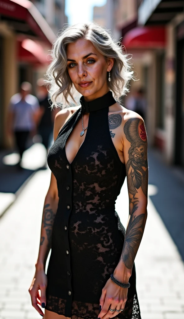 Late 30s woman, Sandy blonde hair in a messy bun, small bust, (brightly colored geometric tattoos:1.27), [[black tattoos]], wearing a bodycon dress,1/4 turned away, dynamic catwalk strutting in a crowded street, (wide angle:1.27) (full length portrait), 8k, photorealistic masterpiece, intricately detailed tattoos, detailed eyes and lips, light smile, bright blue eyes, softly pointed chin, [[cleft chin]], detailed hands, best hands, human anatomy, perfect anatomy