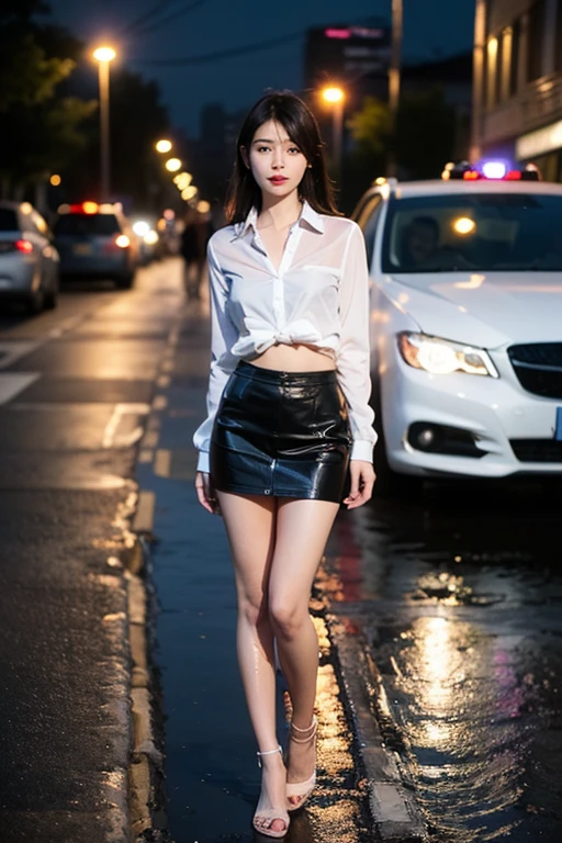 top-quality, masterpiece, 超A high resolution, (Photorealsitic:1.4), Raw photo, (perfect body type), (Slimed:1.2), dynamicposes, lie on one's side, 1girl in, (Full-figured:0.9), 独奏,, droopy chest, 校服, Plaid miniskirt, in the darkness nigth, natta, in a street, deep-shadows, Unobtrusive, Cold Light 12000K