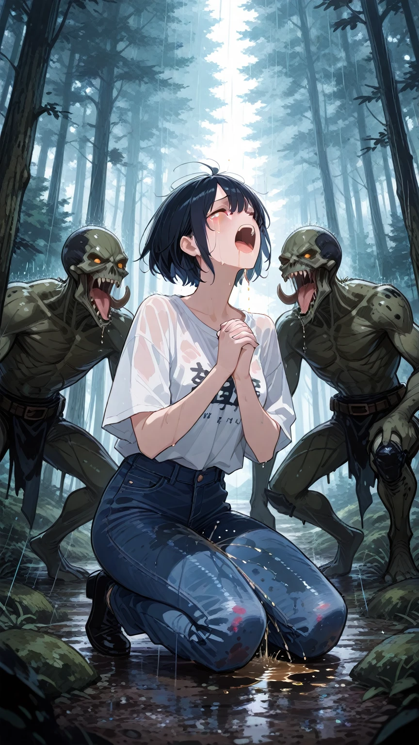 masterpiece, 最high quality, High resolution, Final Fantasy 7、Tifa Lockhart、Black torn clothes 、Black ripped pantyhose、Dark church at night、sexy、Wearing a mini skirt、Thin legs、Big Breasts、Slim figure、high quality CG Tone、Torn black panties、Black blindfold、While wriggling the body、trembling、Forceful spurt of clear fluid from the genitals、Intense orgasm moment、Please open your mouth wide、黒いsexyな服、A moment of intense ecstasy、Long black hair、panting loudly、Violent rape by a group of zombies、Intense sex with a zombie、Half naked、Gets fucked from behind by a zombie