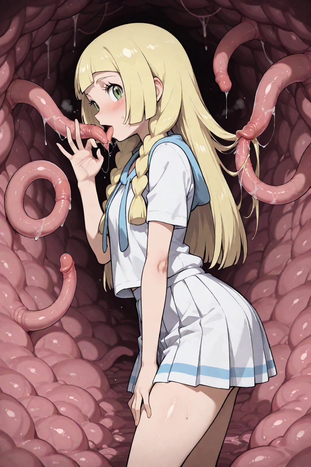 ((NSFW:1.2))High resolution, (An illustration: 1.3), anime、((highest quality)), (Super detailed), (beautiful), ((Detailed dank dark basement:1.3)), alone,(primary school student:1.4)、(Girl falls down in Alice in Wonderland costume, blue ribbon on head:1.5),white and transparent skin、BREAK Shiny pale colorful blonde long hair, BREAK (spread legs, legs up,lying, on back,spread your pussy、raise one's hips、grab crotch,Uterus,urethra:1.4),(low position、from below:1.3)、BREAK (slime, wet,tentacle bound wrists,tentacle bound arms,tentacle bound legs,tentacles, cum overflow, cum string, big tentacles sex, big object insertion, vaginal, pussy juice,wet:1.7), BREAK (seductive smile, blush, sweat, open mouth, rolling eyes, tears, tongue out, saliva,:1.3), BREAK (tentacles, tentacles sex, vaginal:1.9)